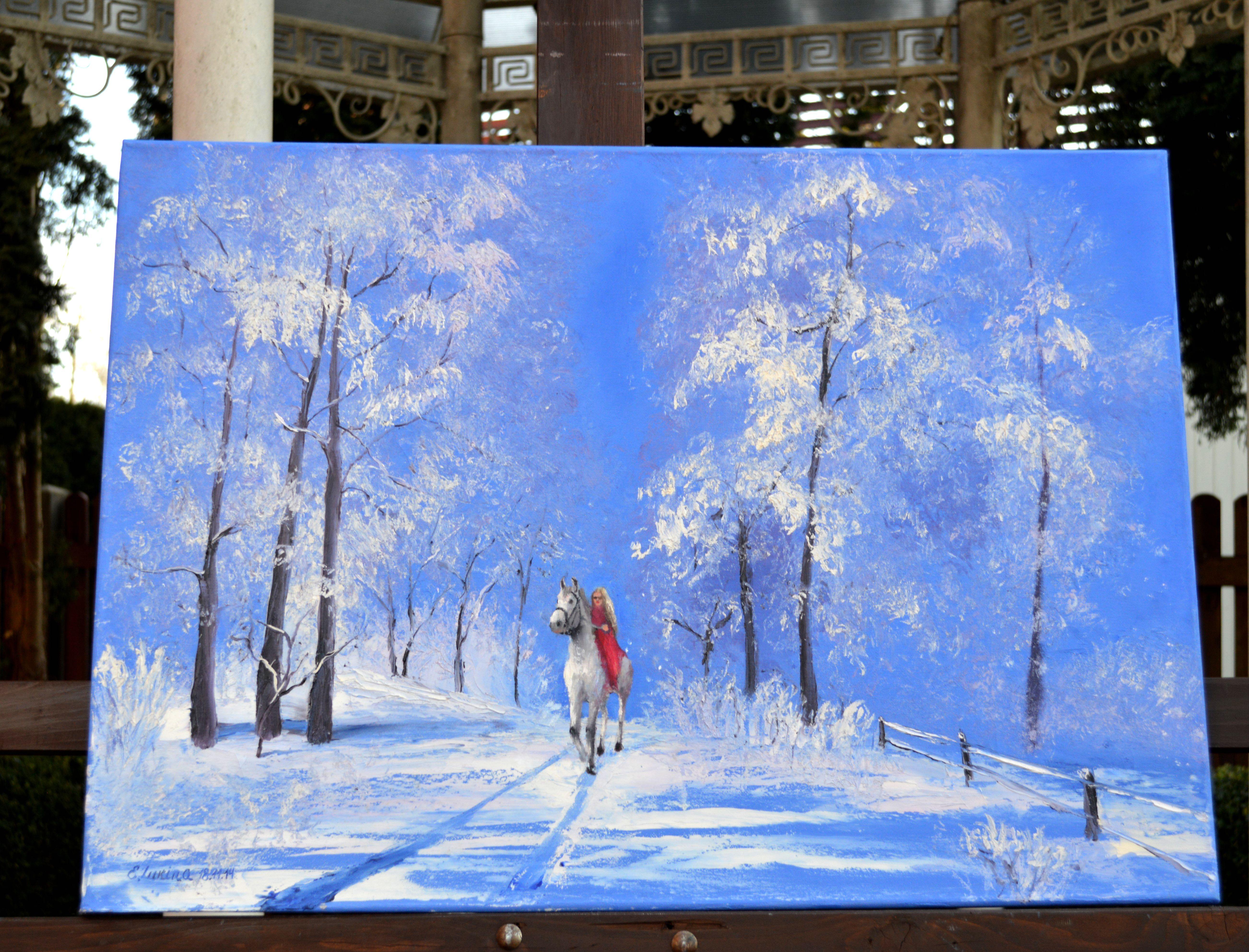 Schöner weißer Winter 50X70 in Weiß – Painting von Elena Lukina