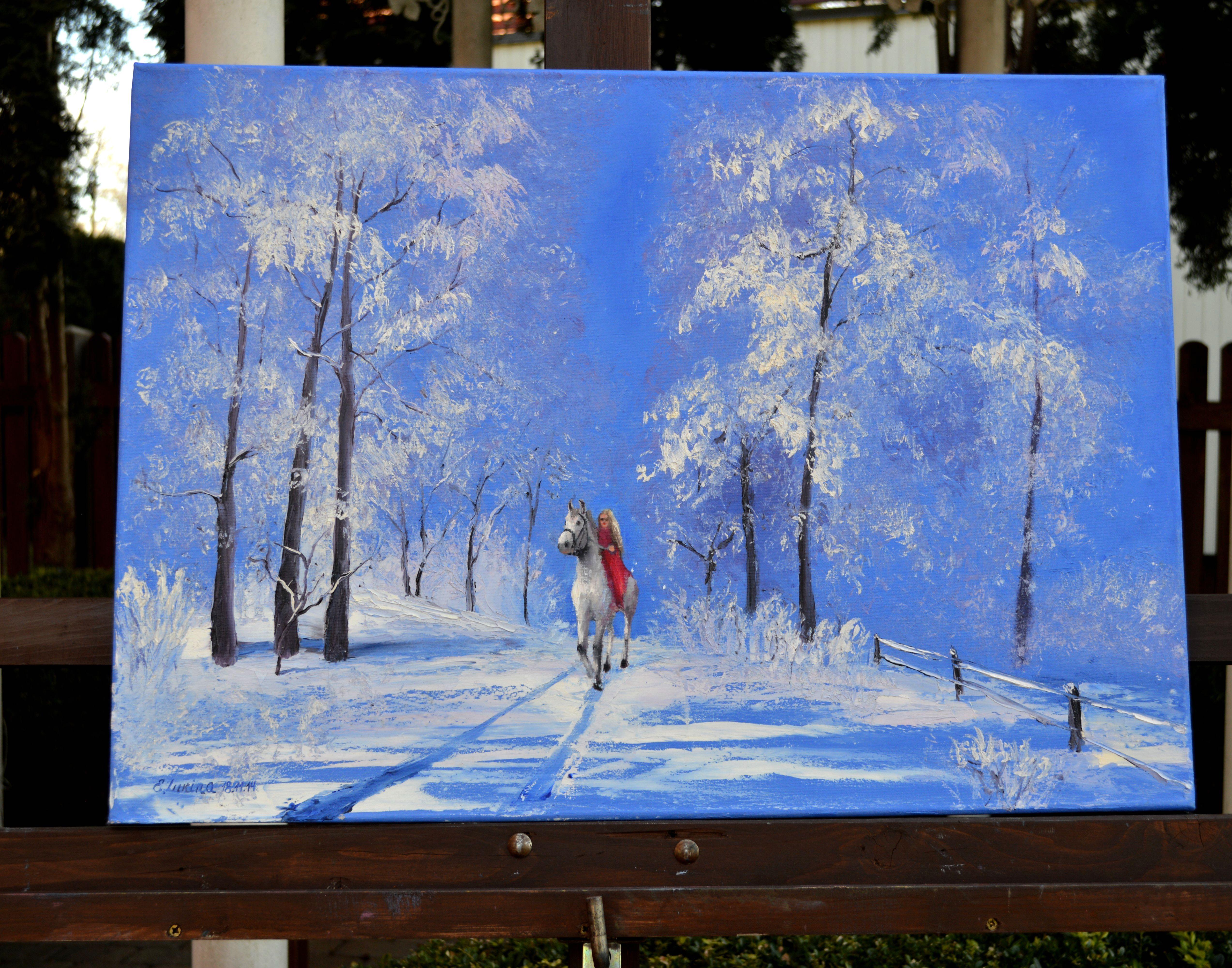 Magnifique blanc hiver 50X70 - Expressionniste Painting par Elena Lukina