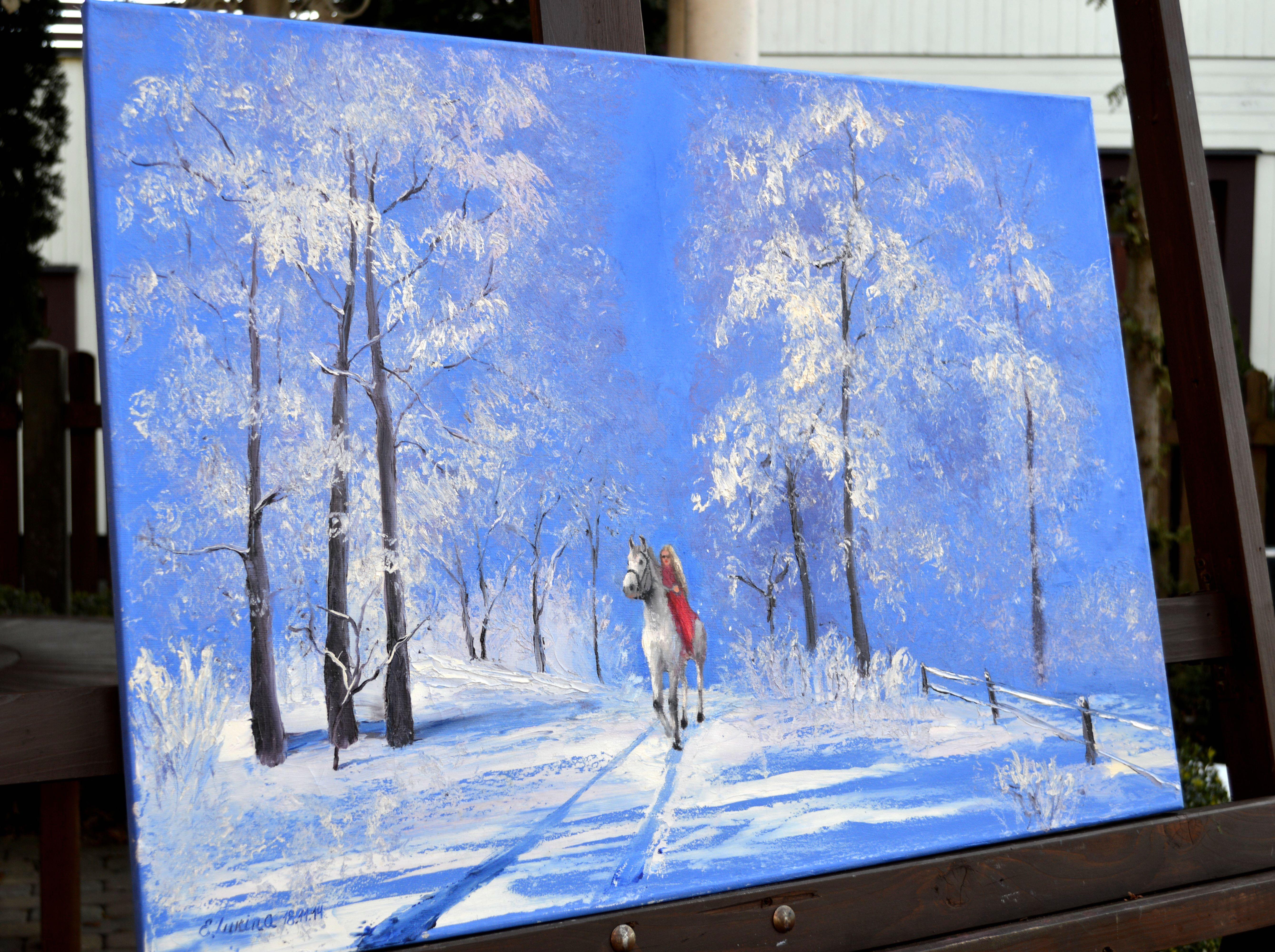 In creating this piece, I was inspired by the serene beauty of winter. With every stroke of my oil paints, I've captured the enchanting dance of light as it weaves through the frosted trees. The cool palette echoes nature's tranquil moments,