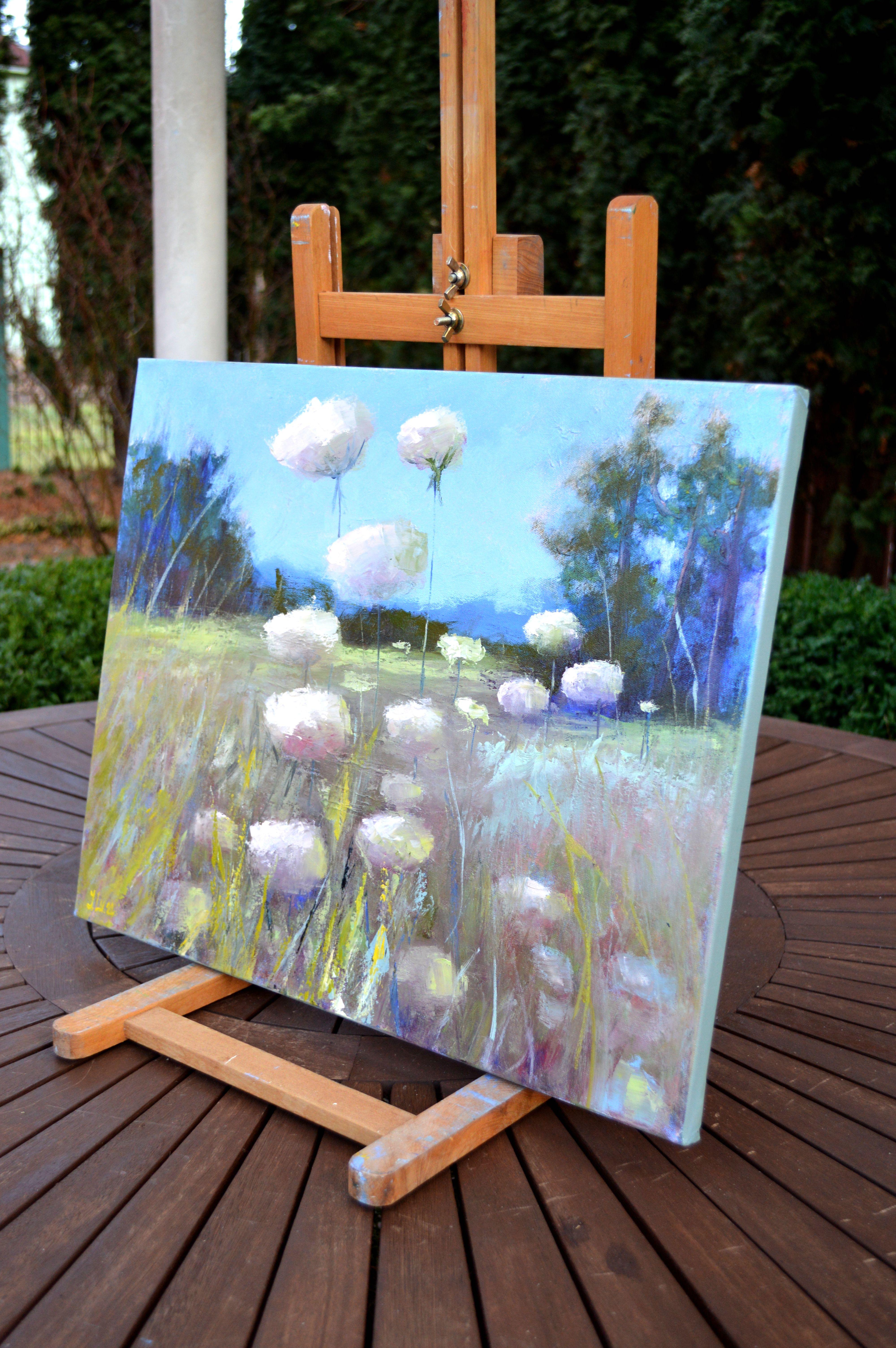 Beautiful wild flowers in the meadow - Gray Landscape Painting by Elena Lukina