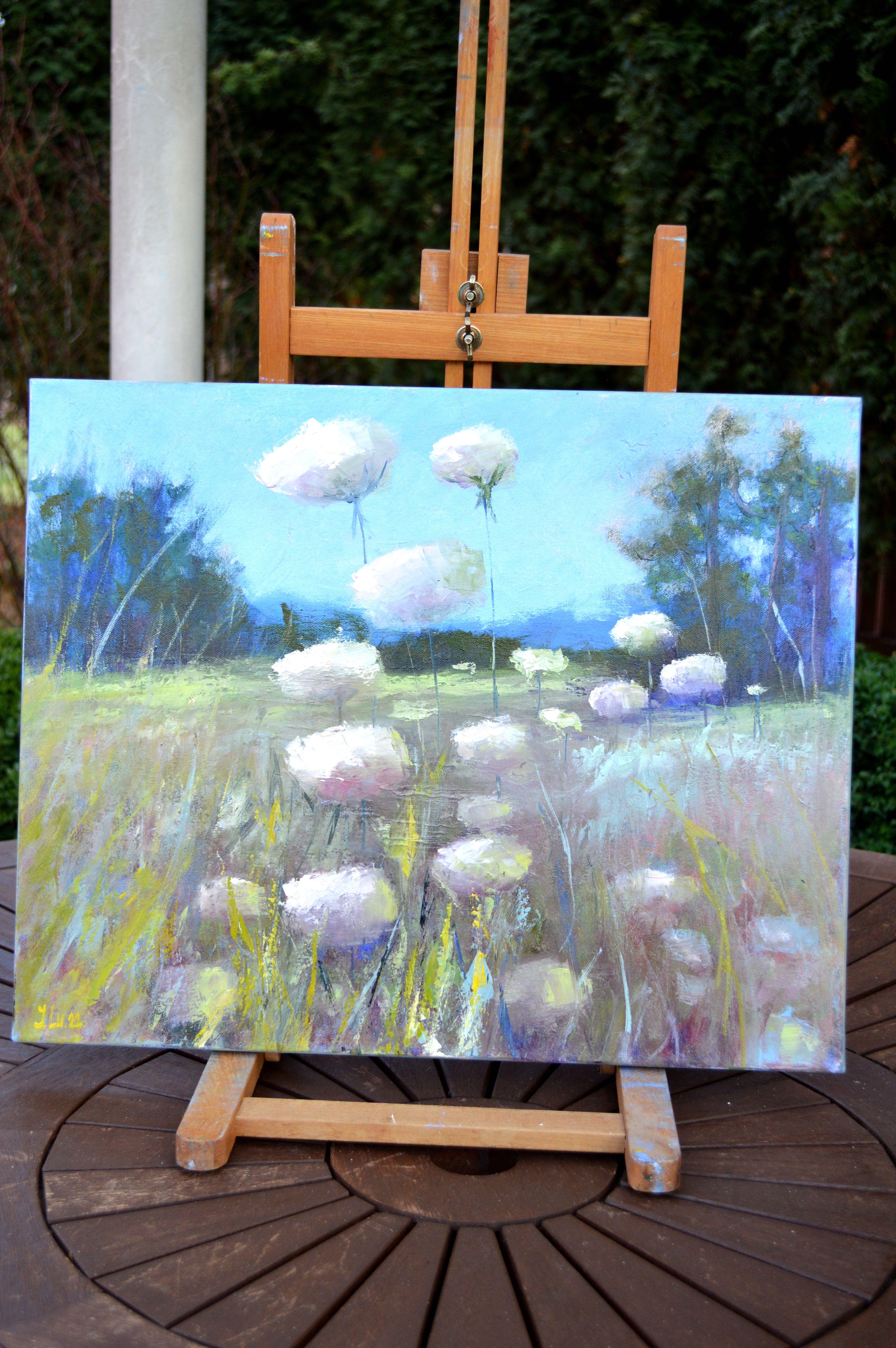 In this oil painting, I've captured the serene beauty of nature's simplicity, with wildflowers dancing gracefully under the expansive sky. Brushstrokes carry the emotion of a gentle breeze, blending impressionism with realism to evoke the wild's