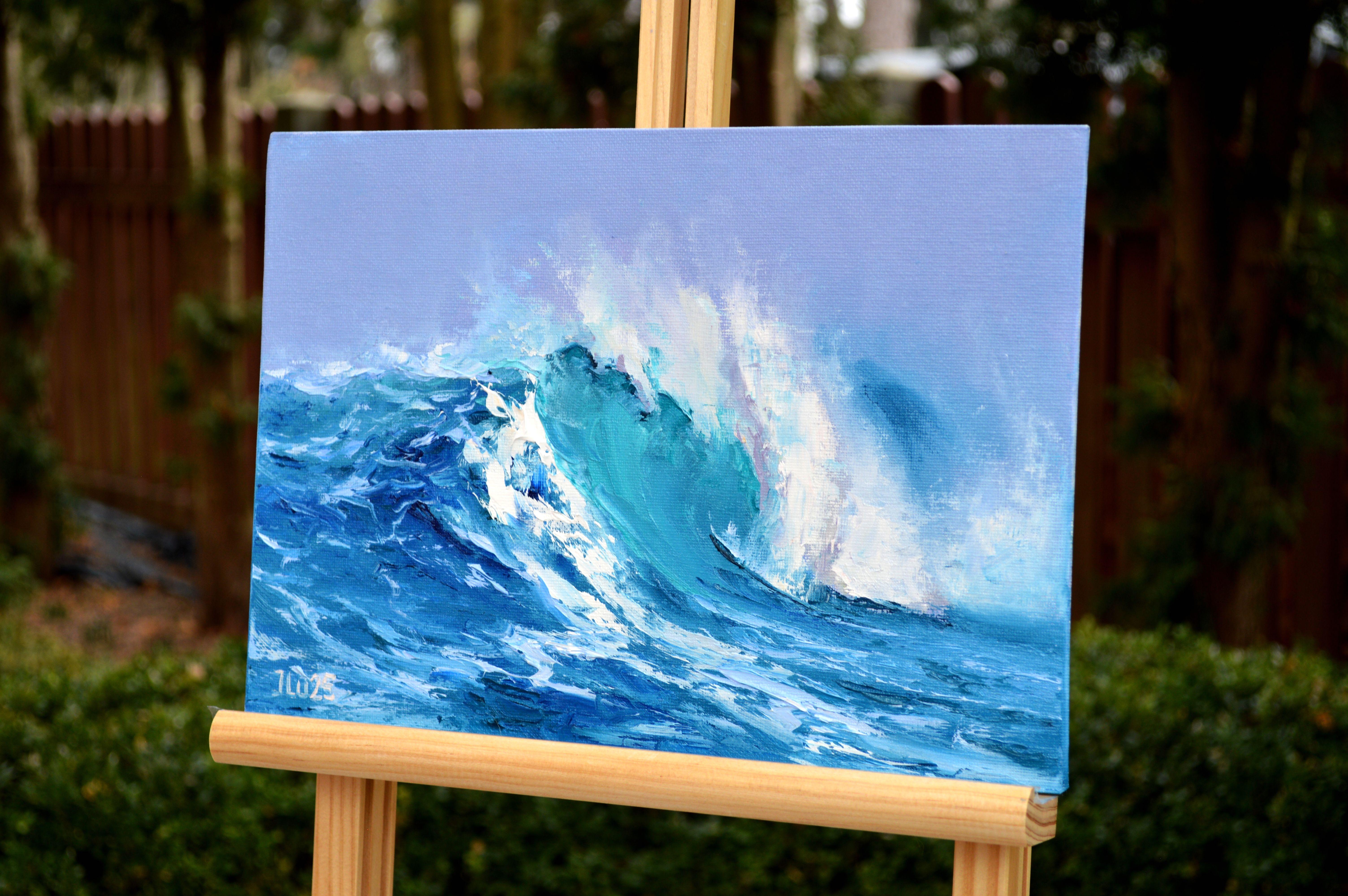 Grande vague 21X30 - Gris Landscape Painting par Elena Lukina