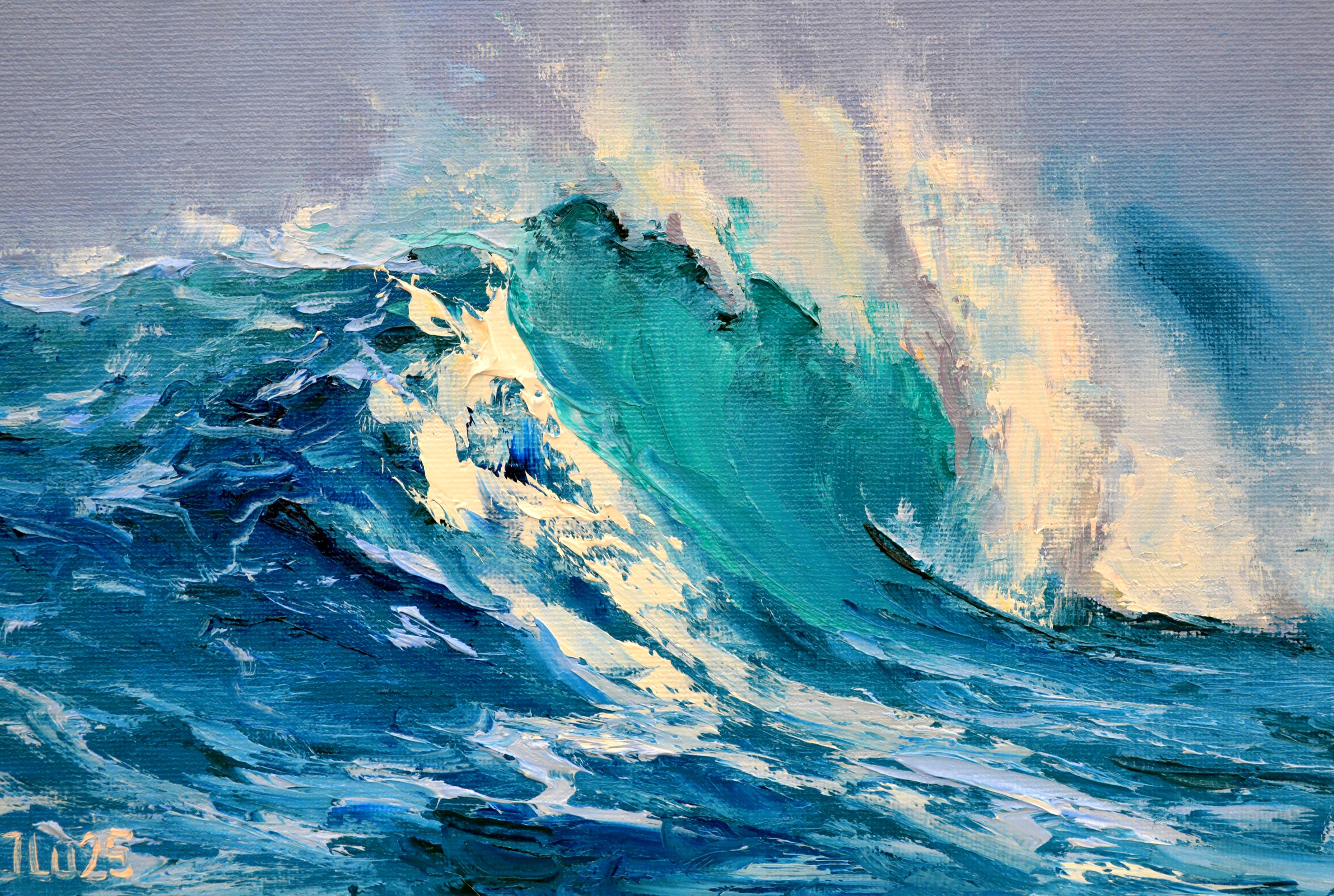 Dans cette peinture, je canalise la puissance brute et débridée de l'océan. À l'aide de touches épaisses et impulsives de peinture à l'huile, je capture le mouvement tumultueux et les couleurs vibrantes d'une vague imposante qui s'apprête à