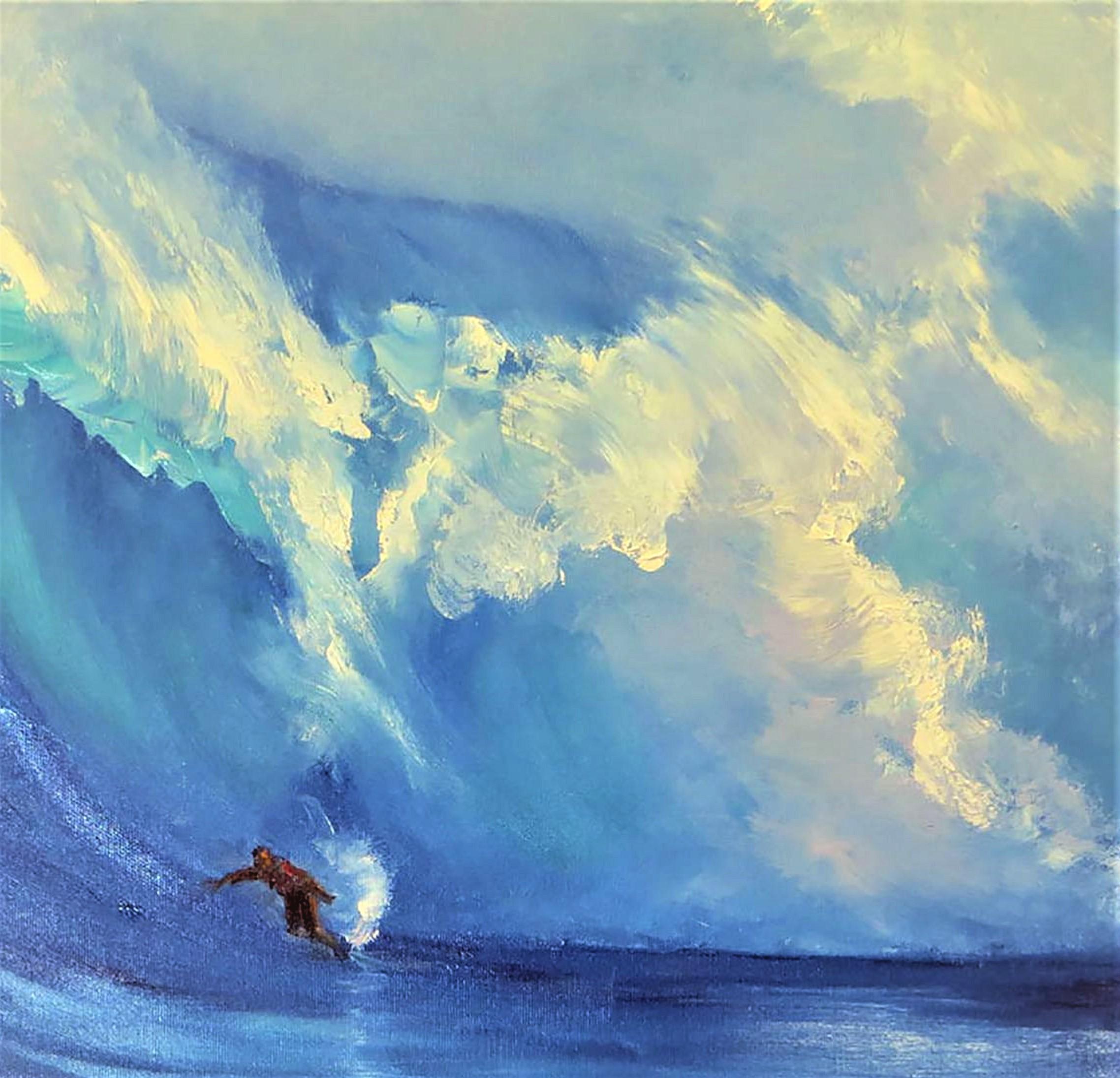 Grande vague.Surfing 70X50 peinture à l'huile - Bleu Landscape Painting par Elena Lukina