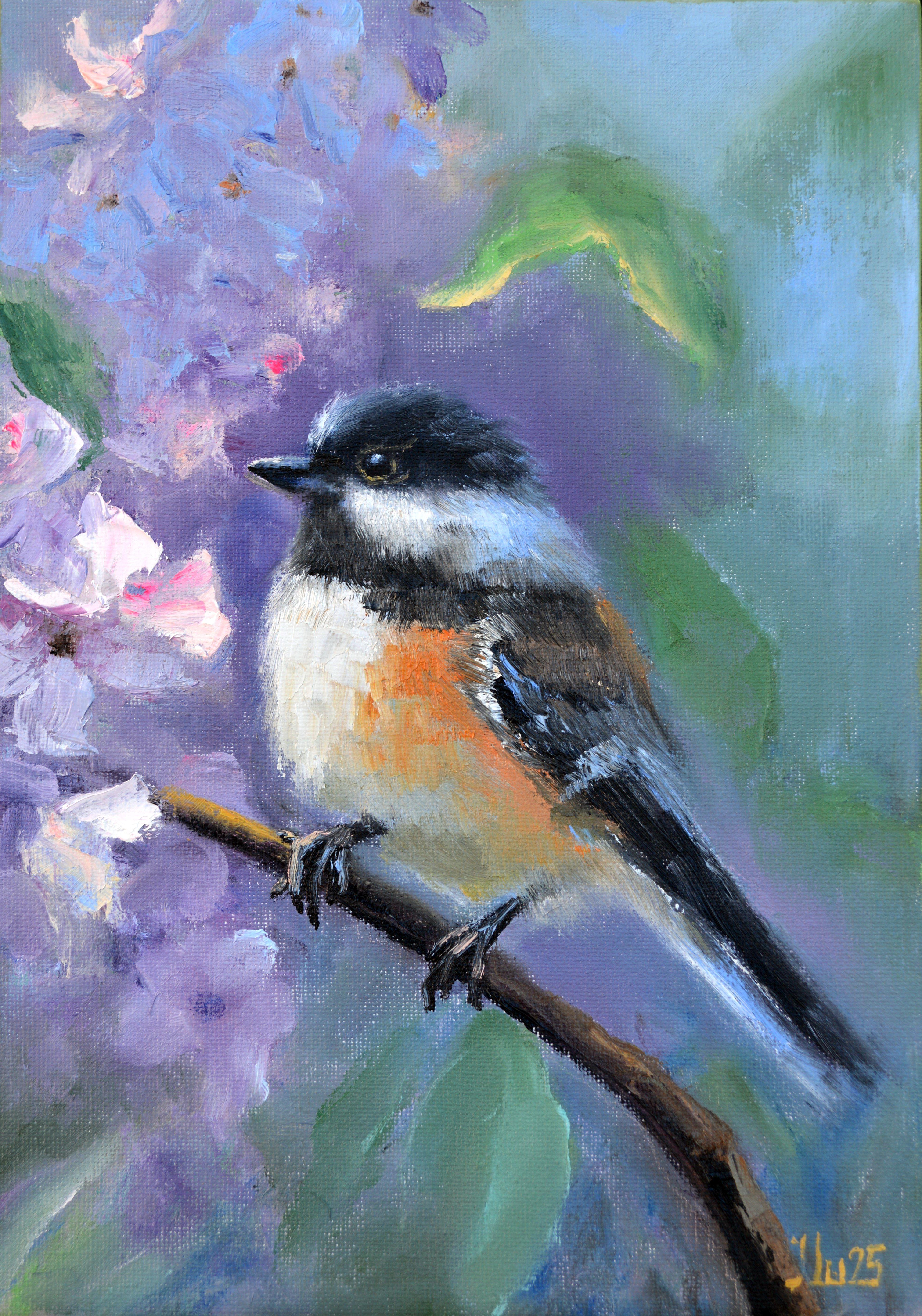 Pájaro en un jardín en flor