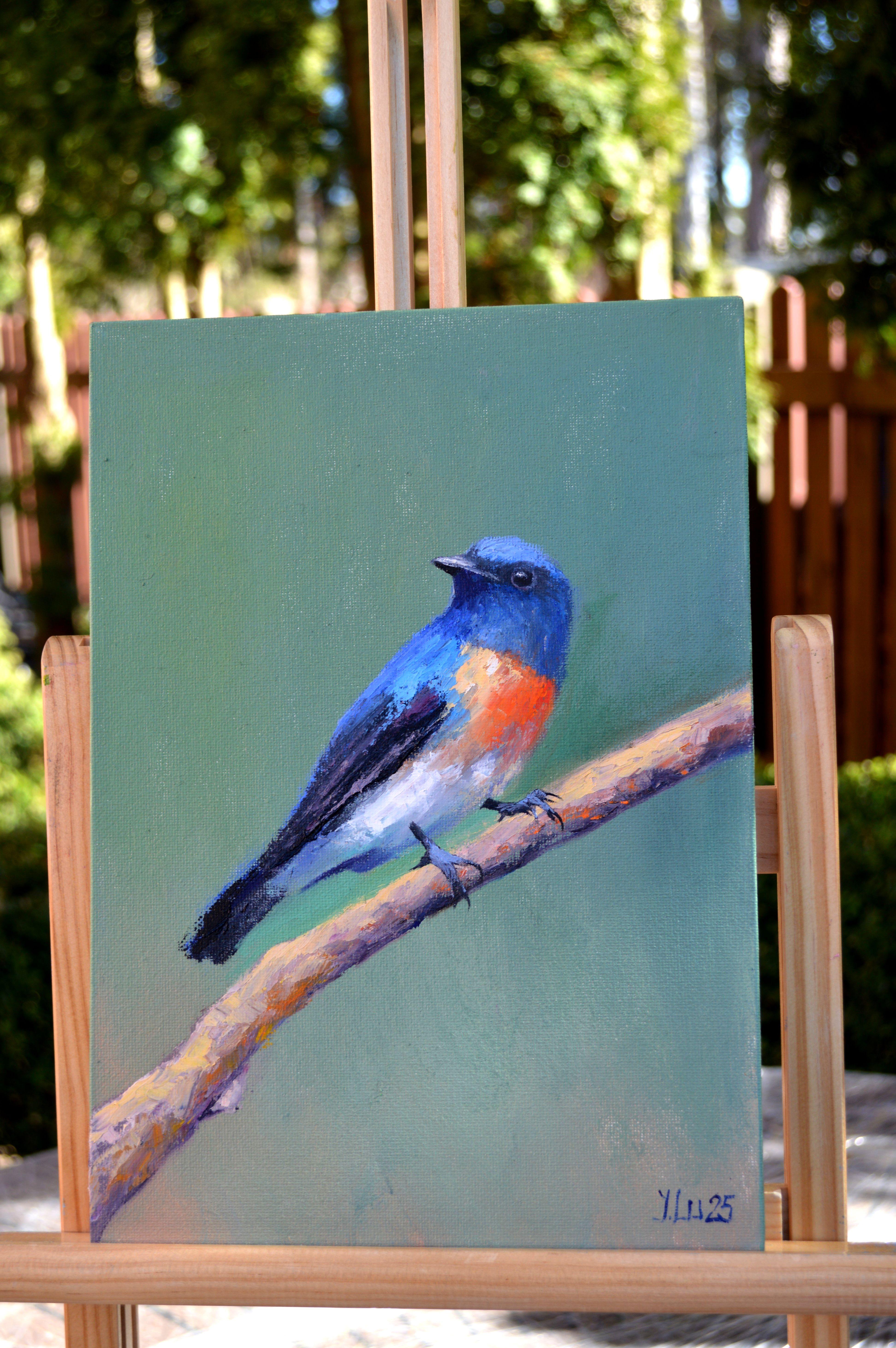 Vogel auf einem Branch (Cyornis rubeculoides) (Expressionismus), Painting, von Elena Lukina