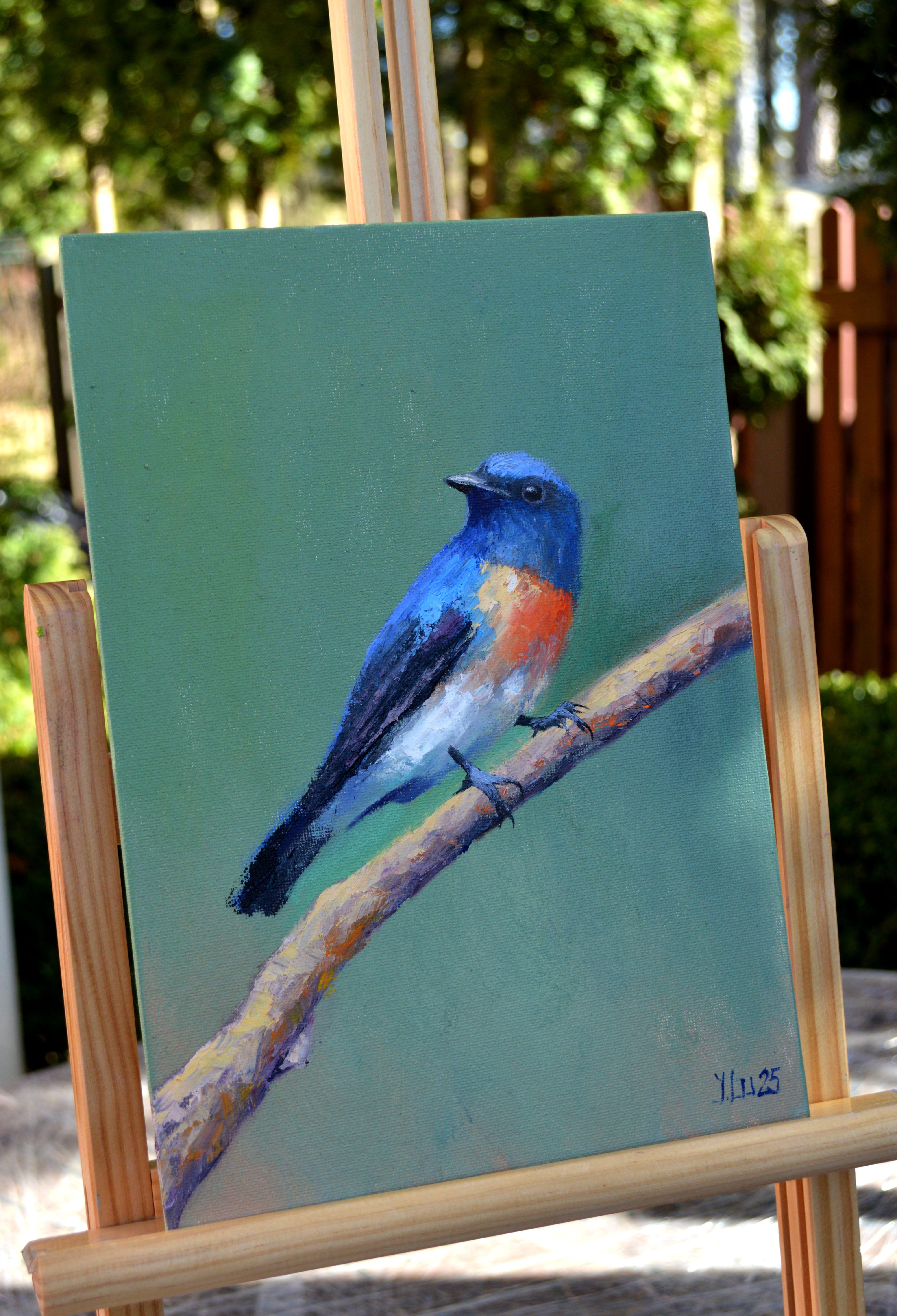 Vogel auf einem Branch (Cyornis rubeculoides) (Grau), Landscape Painting, von Elena Lukina