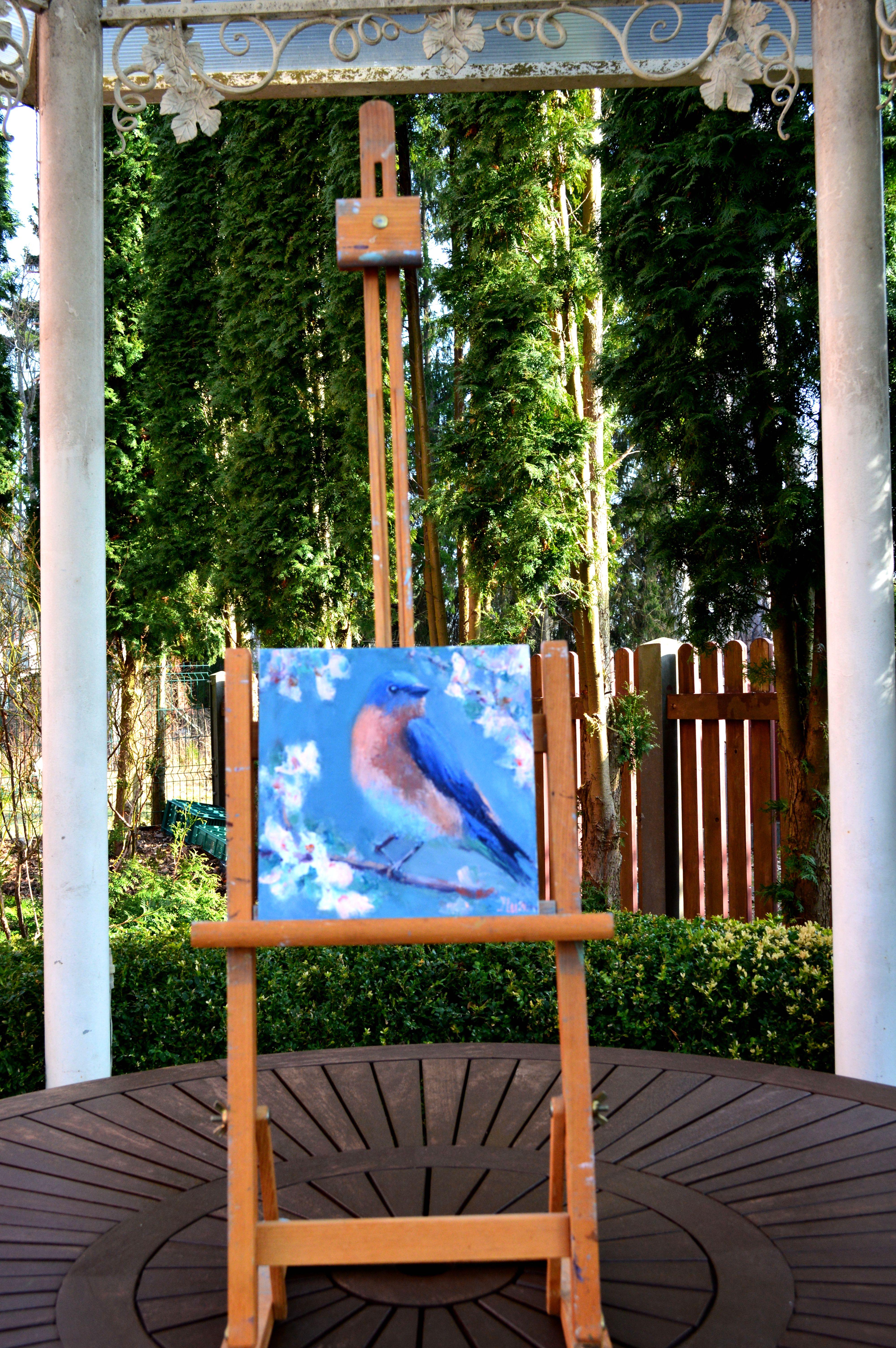 Uccello su un ramo in fiore - Painting di Elena Lukina