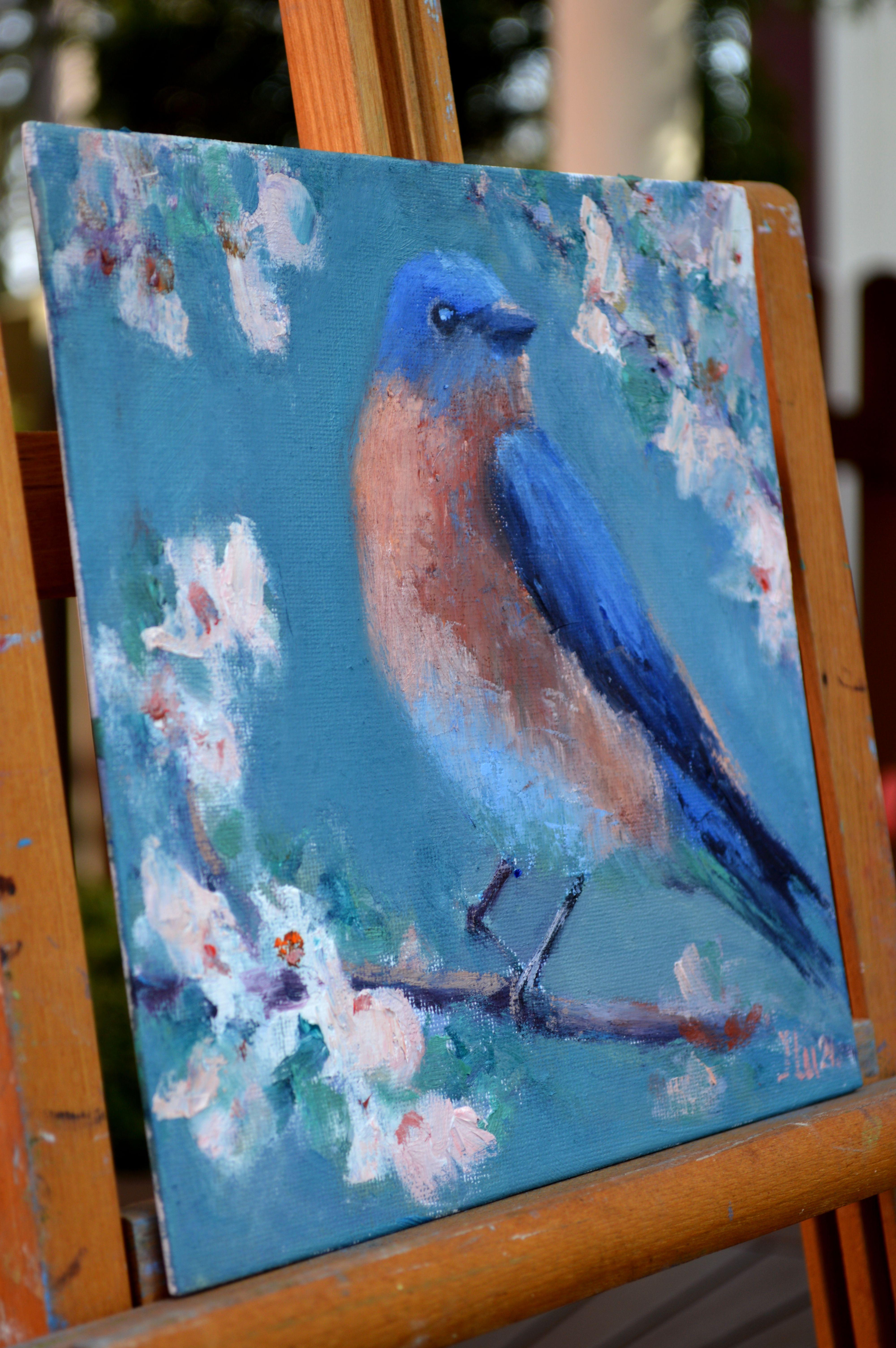Uccello su un ramo in fiore - Animal Painting Blu di Elena Lukina
