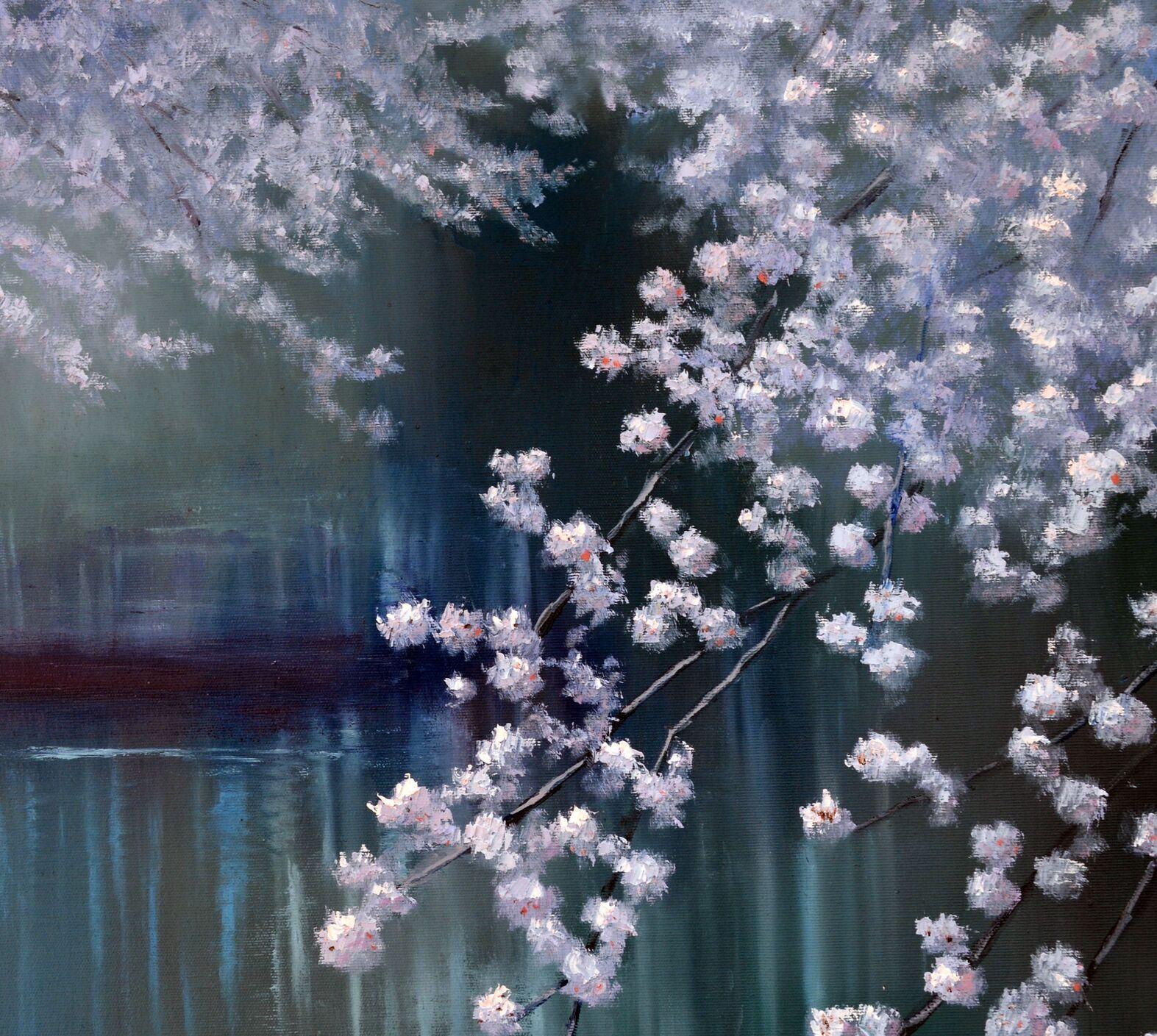 Blühender Garten am Teich (Expressionismus), Painting, von Elena Lukina