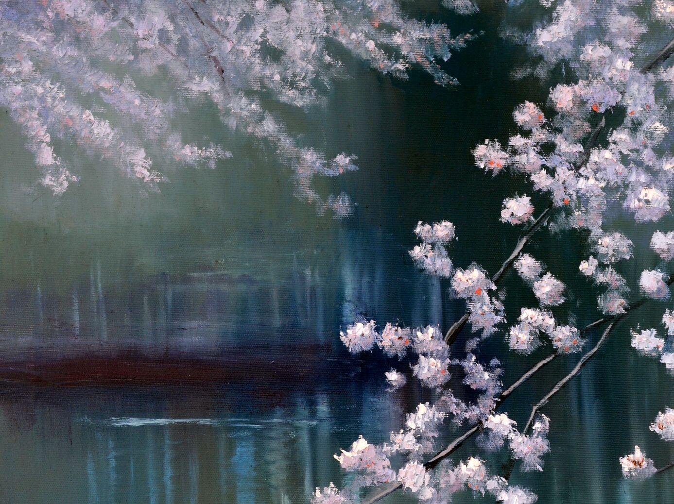 Jardin fleuri au bord de l'étang - Gris Landscape Painting par Elena Lukina