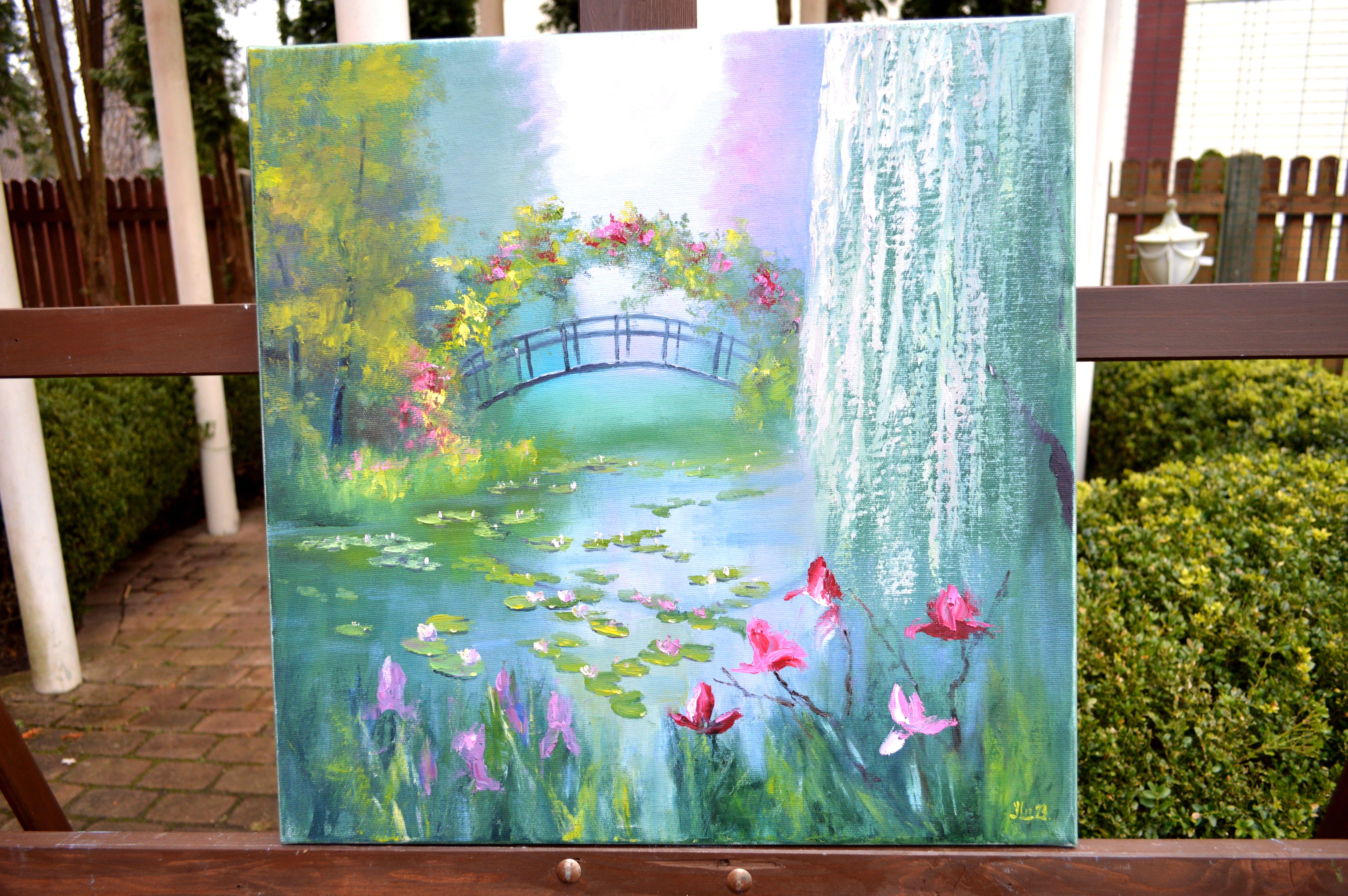 In this vibrant oil painting, I've poured my zest for nature and renewal. Brushstrokes blossom across the canvas, capturing the essence of a serene pond, where time seems suspended. The arched bridge and flourishing flora speak of harmony and