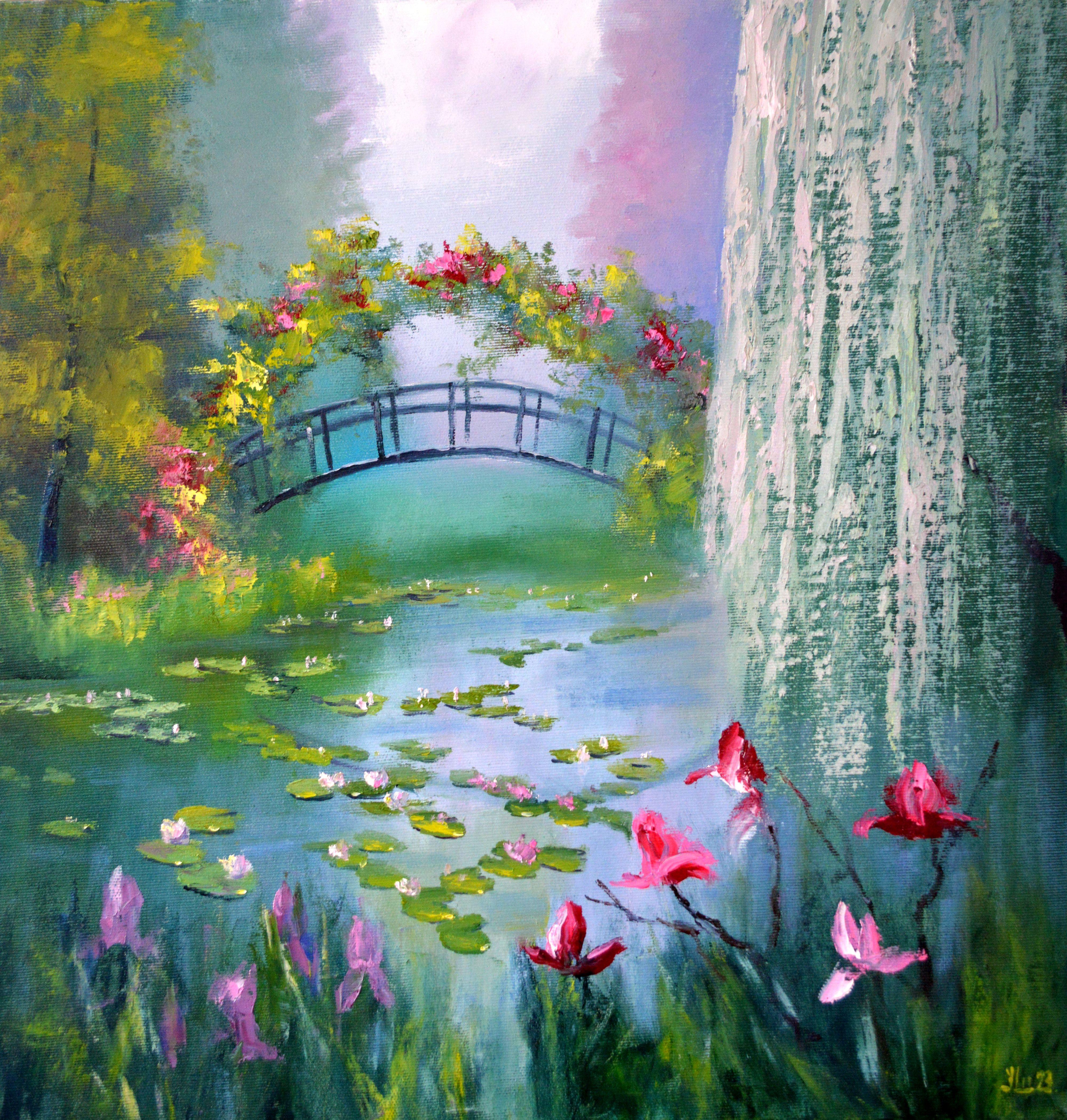 Elena Lukina Landscape Painting - Blooming pond 50X50 oil on canvas