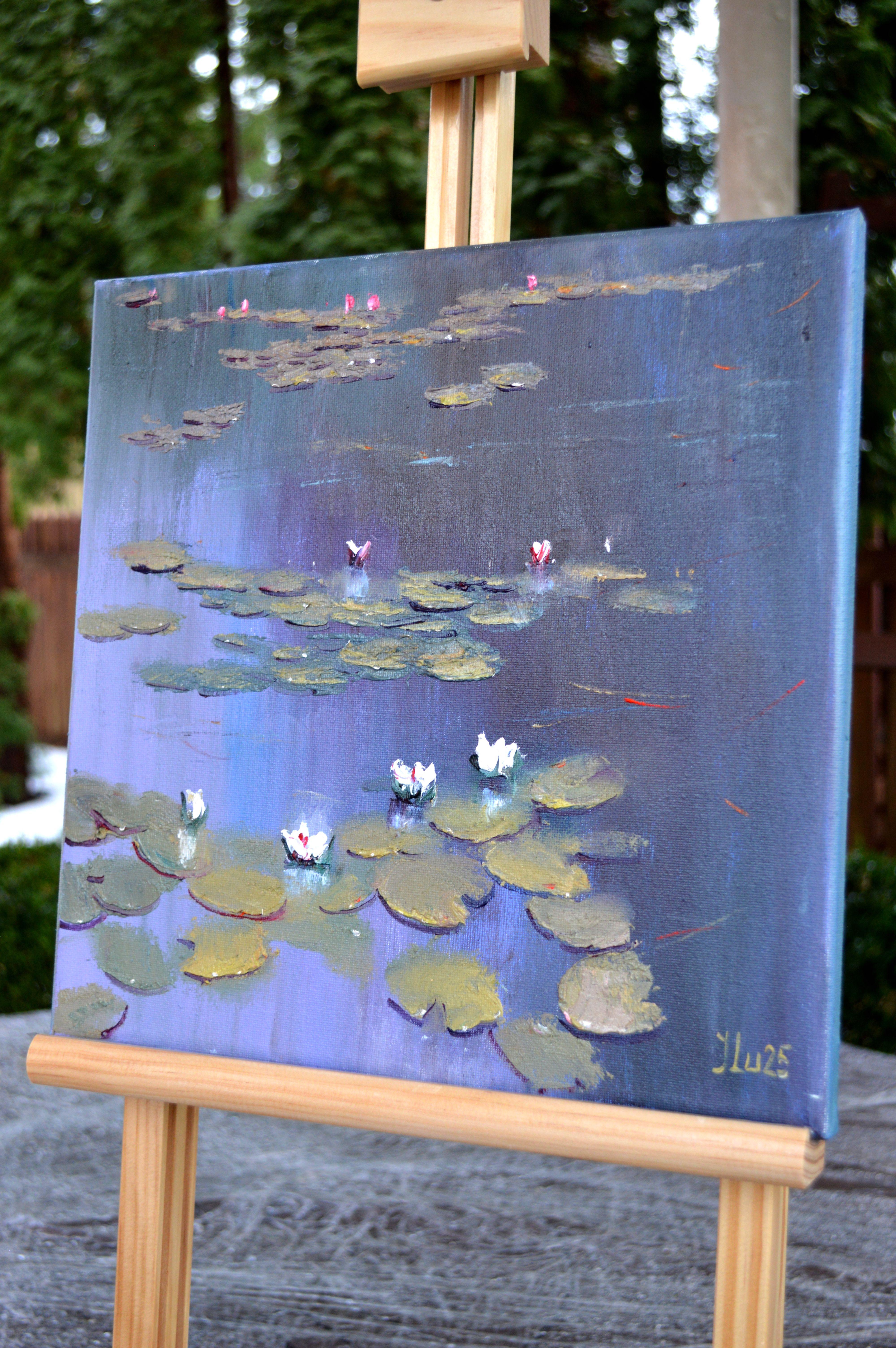 Étang bleu 30X30 - Gris Landscape Painting par Elena Lukina