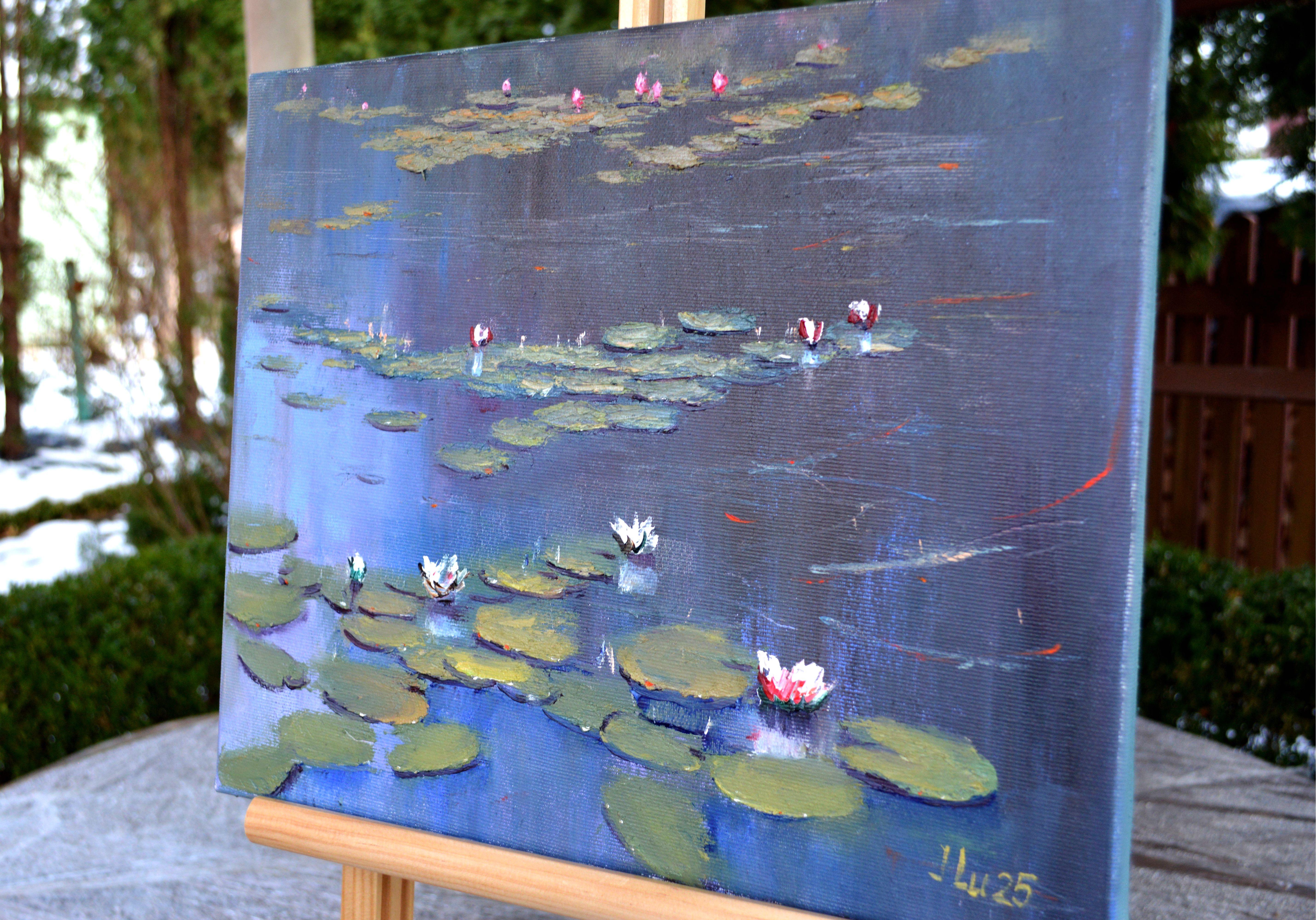 Blue pond - Gray Landscape Painting by Elena Lukina