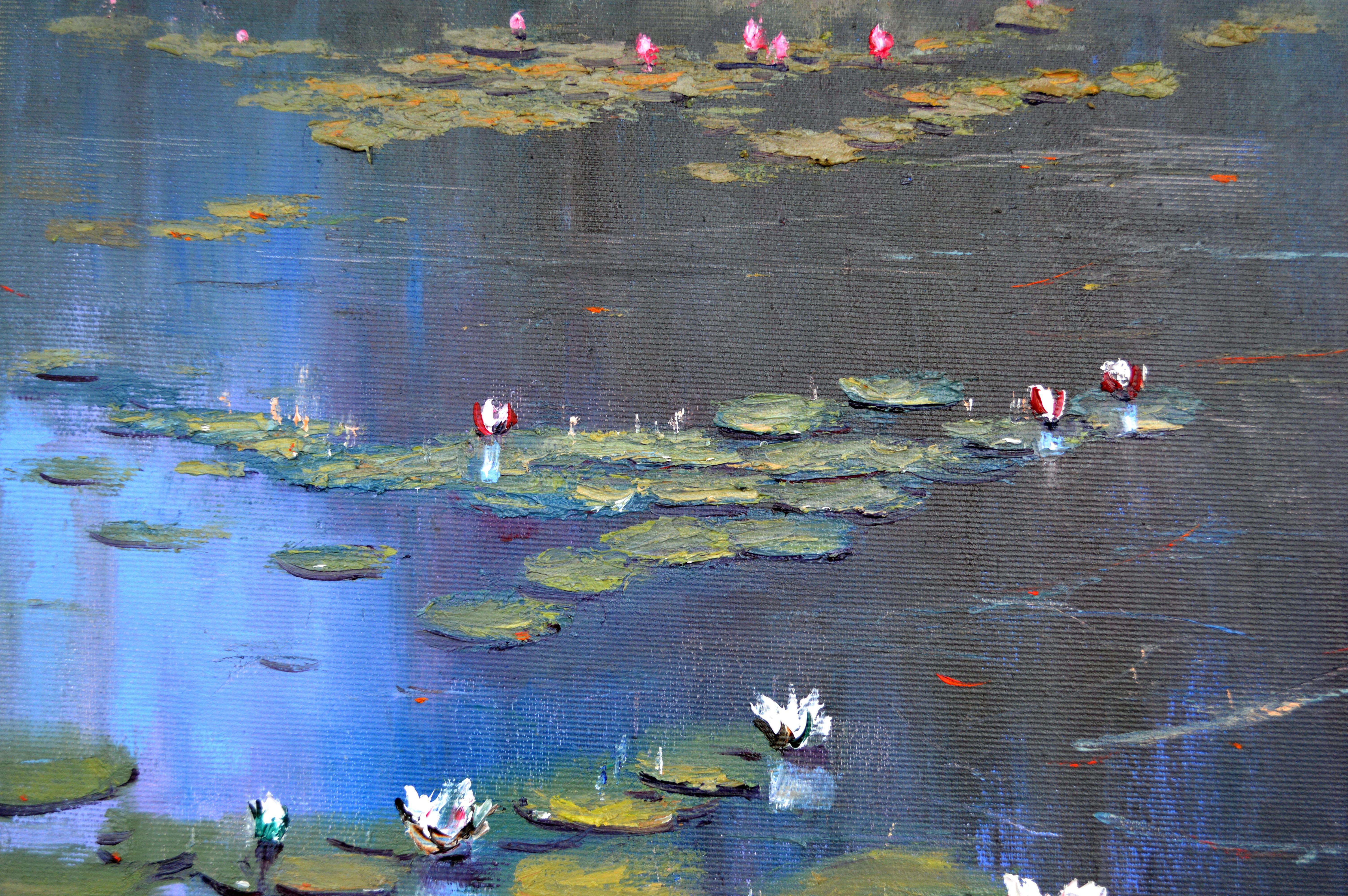 In creating this artwork, I sought to capture the serene beauty of nature using the delicate dance of light and shadow upon water. This expressionistic approach emphasizes the tranquility of lily pads and blossoms floating harmoniously. Every