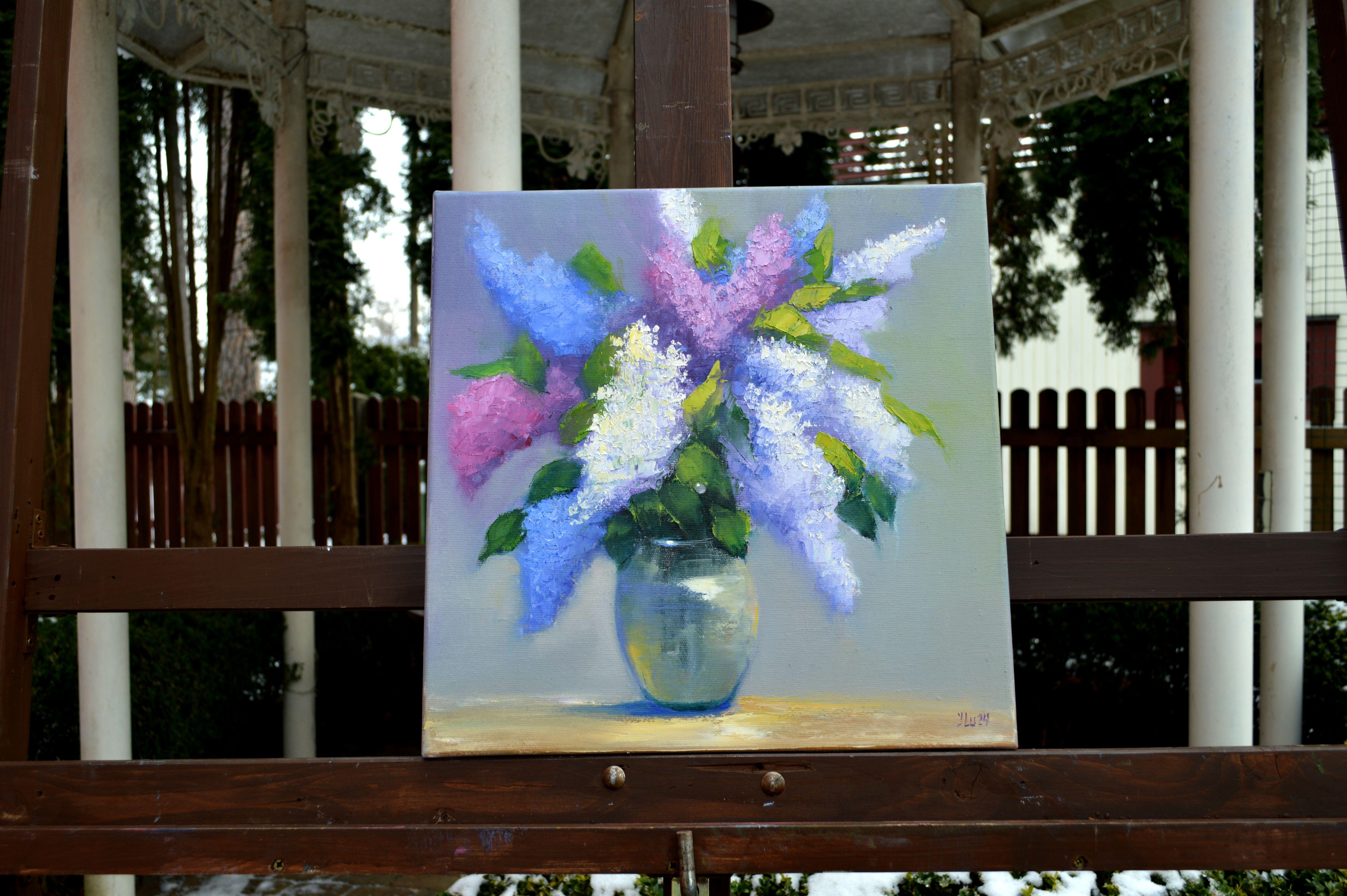 Bouquet of lilacs 40Х40  oil painting - Expressionist Painting by Elena Lukina