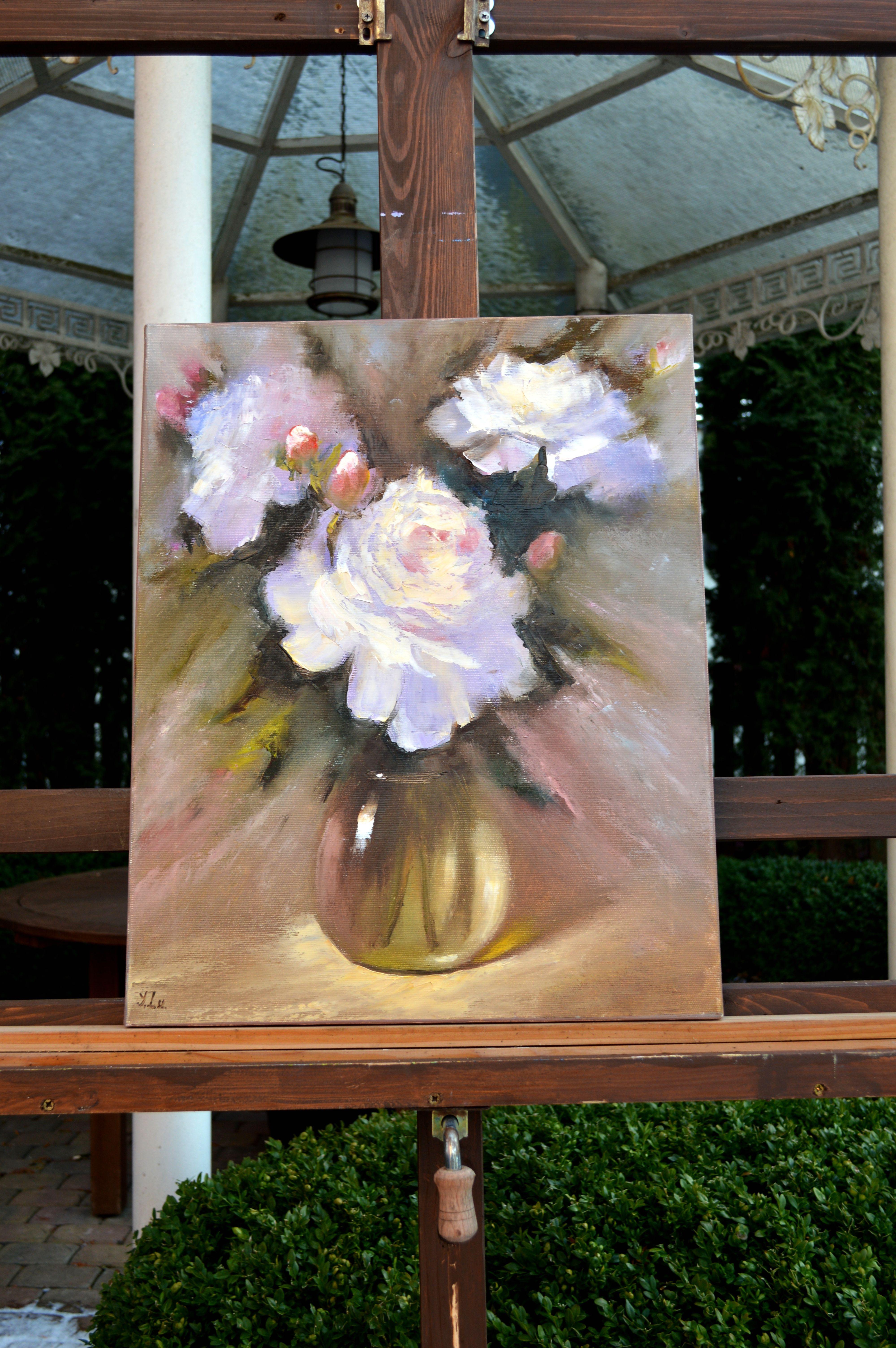 Blumenstrauß aus weißen Pfingstrosen (Expressionismus), Painting, von Elena Lukina