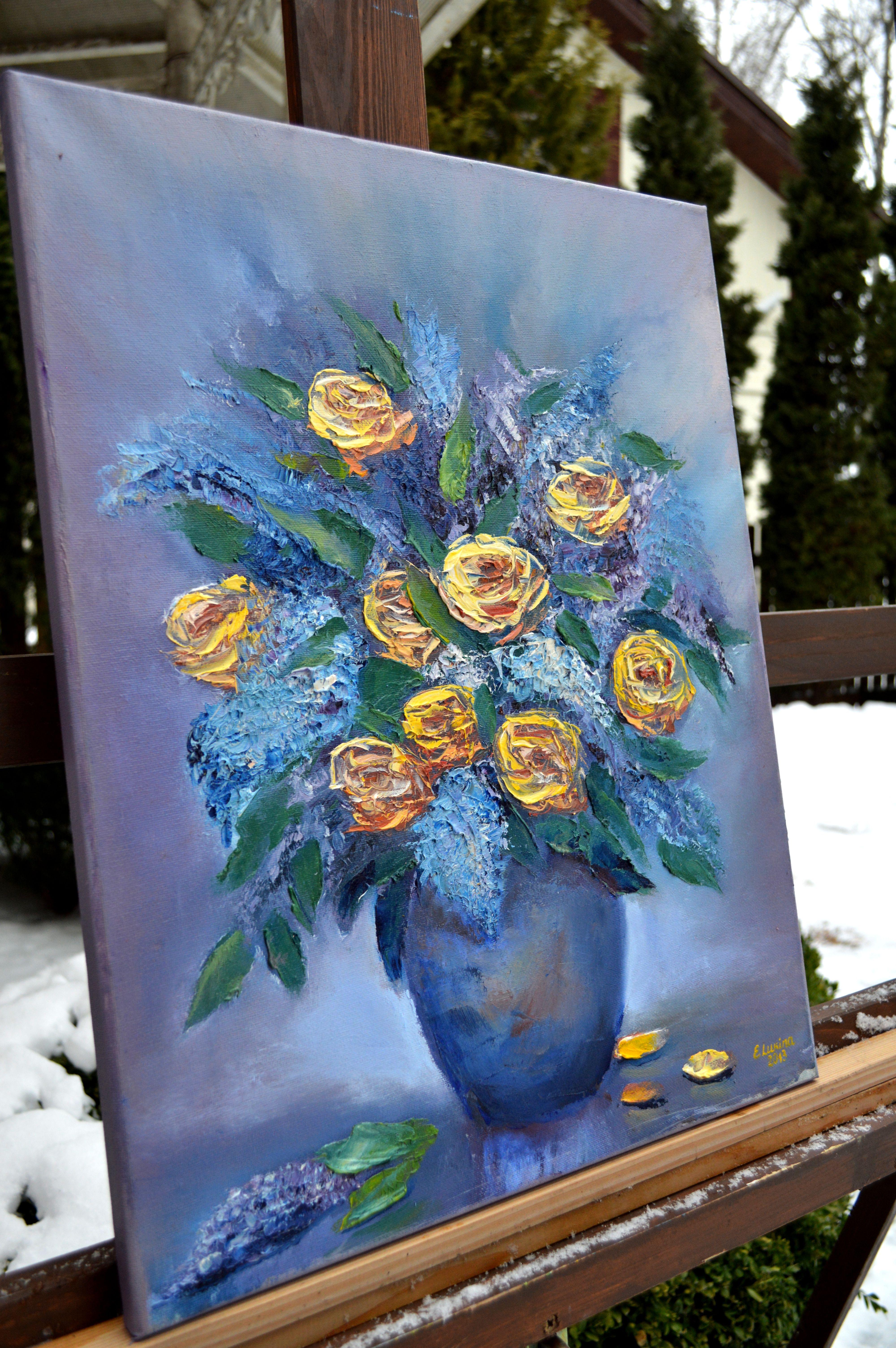 Bouquet with roses - Purple Still-Life Painting by Elena Lukina