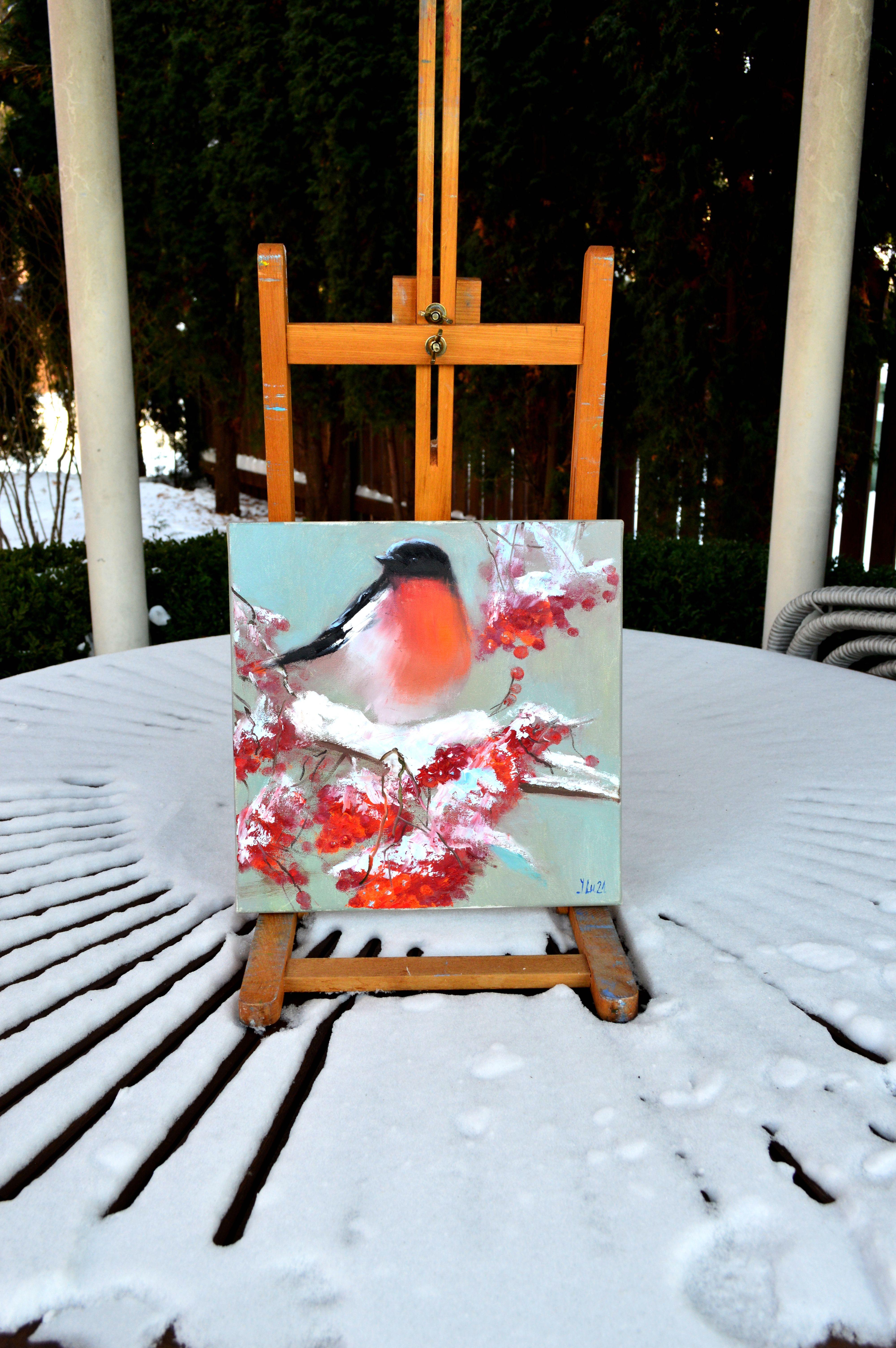Bullfinch on a snowy rowan branch 30X30 - Painting by Elena Lukina
