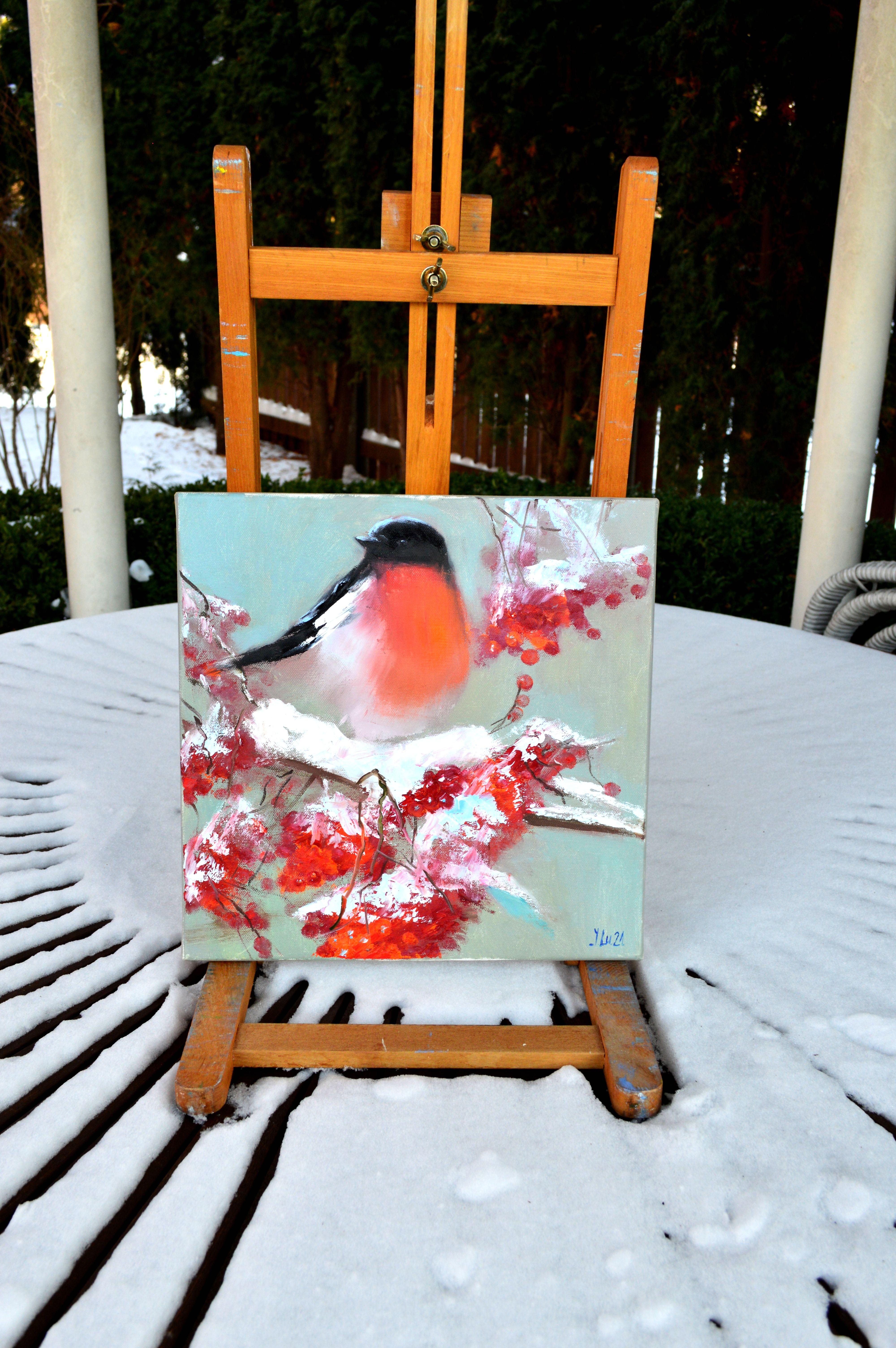 Bullfinch on a snowy rowan branch 30X30 - Expressionist Painting by Elena Lukina