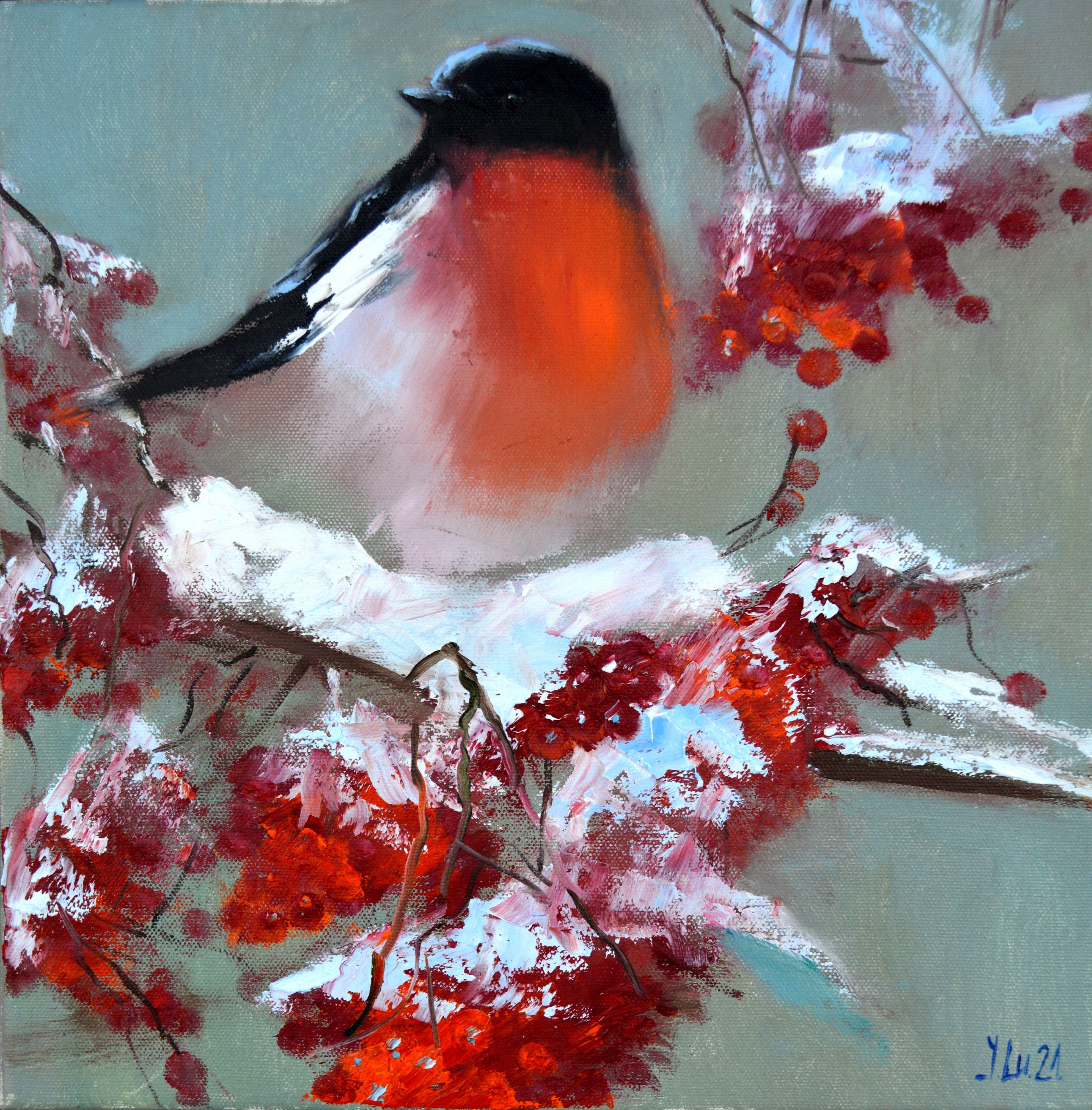 Elena Lukina Interior Painting - Bullfinch on a snowy rowan branch 30X30
