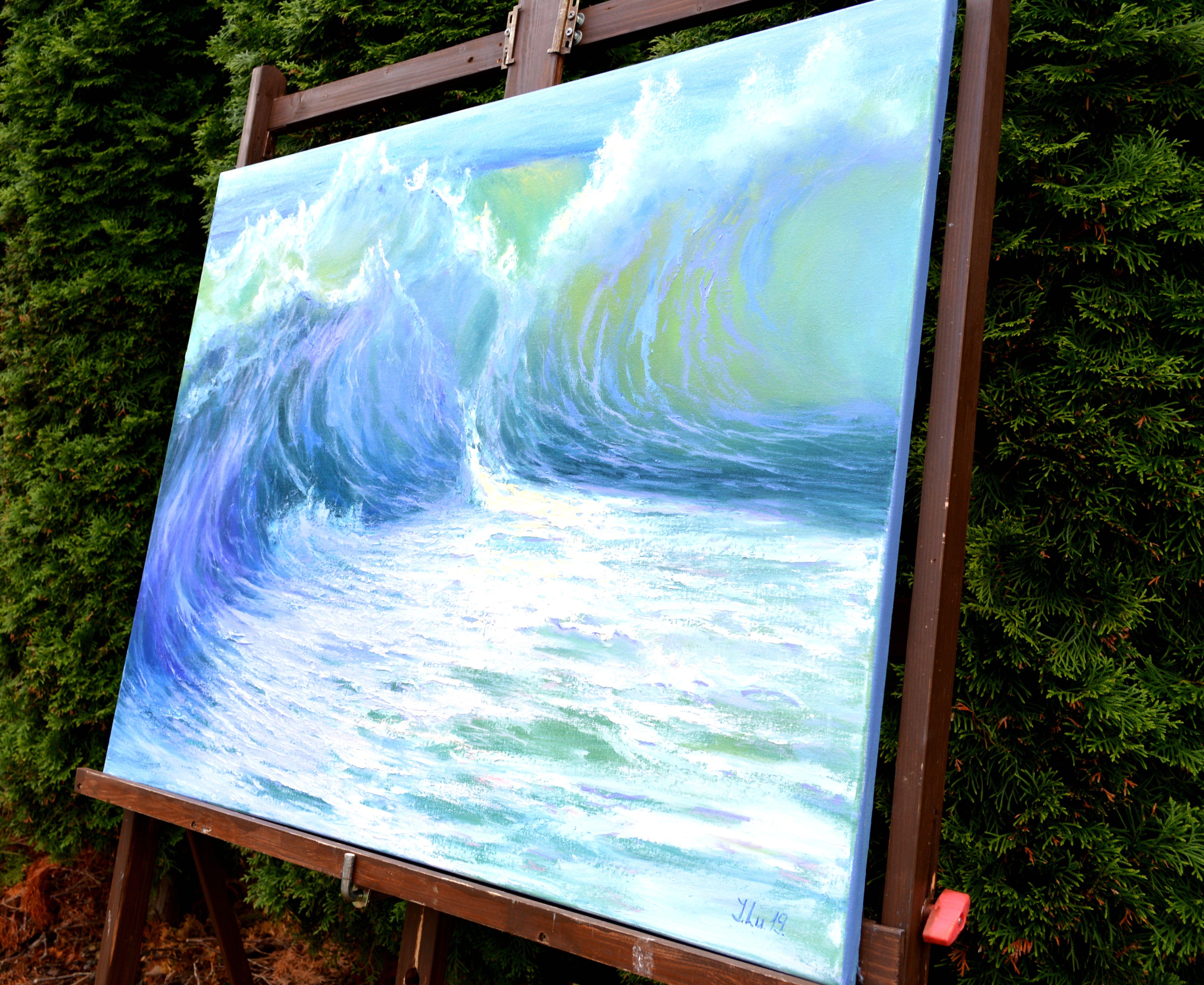 Cascading Waves of the Caribbean 80X100 Öl auf Leinwand (Blau), Landscape Painting, von Elena Lukina