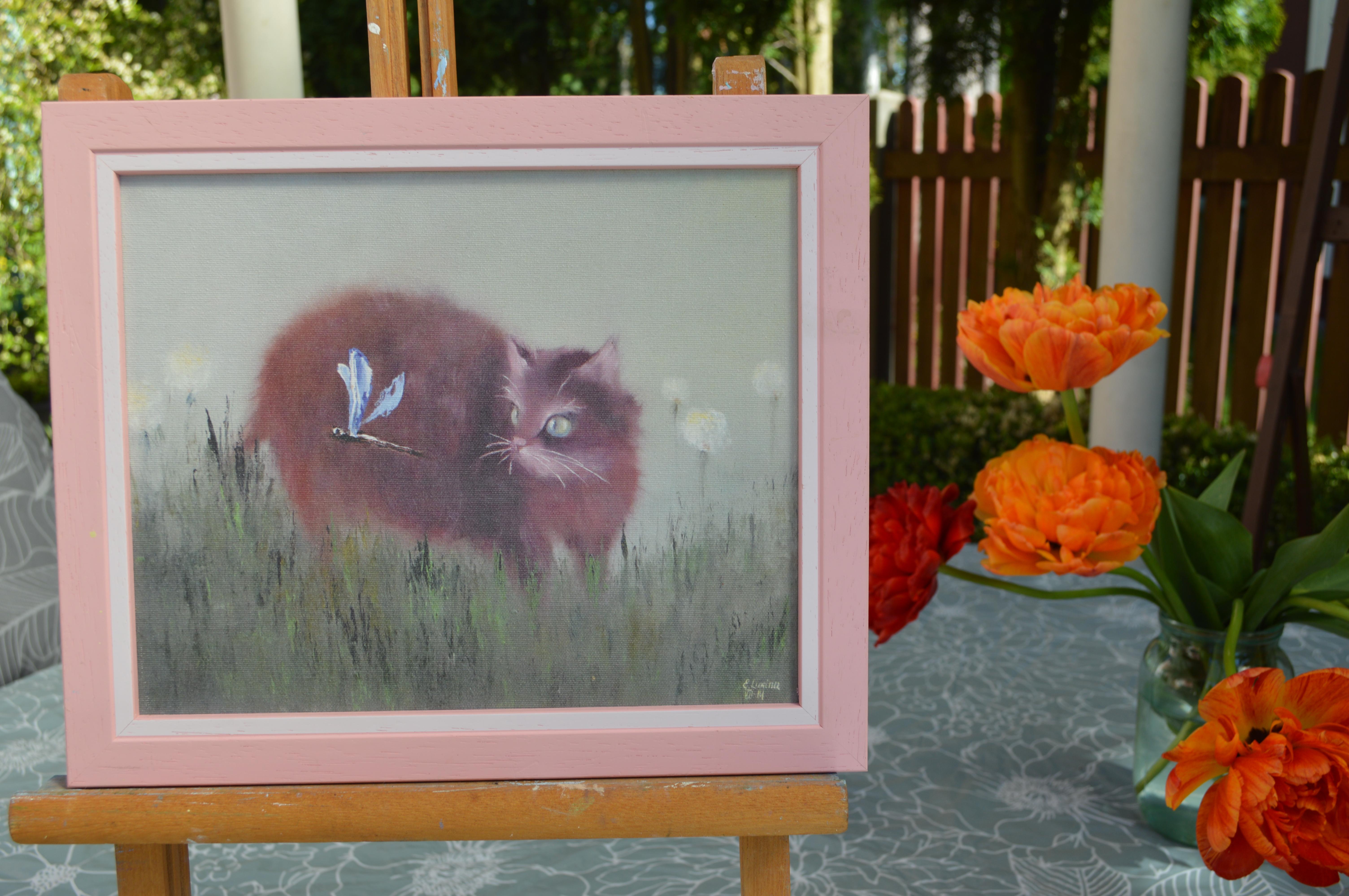Gatto e libellula - Painting Espressionista di Elena Lukina