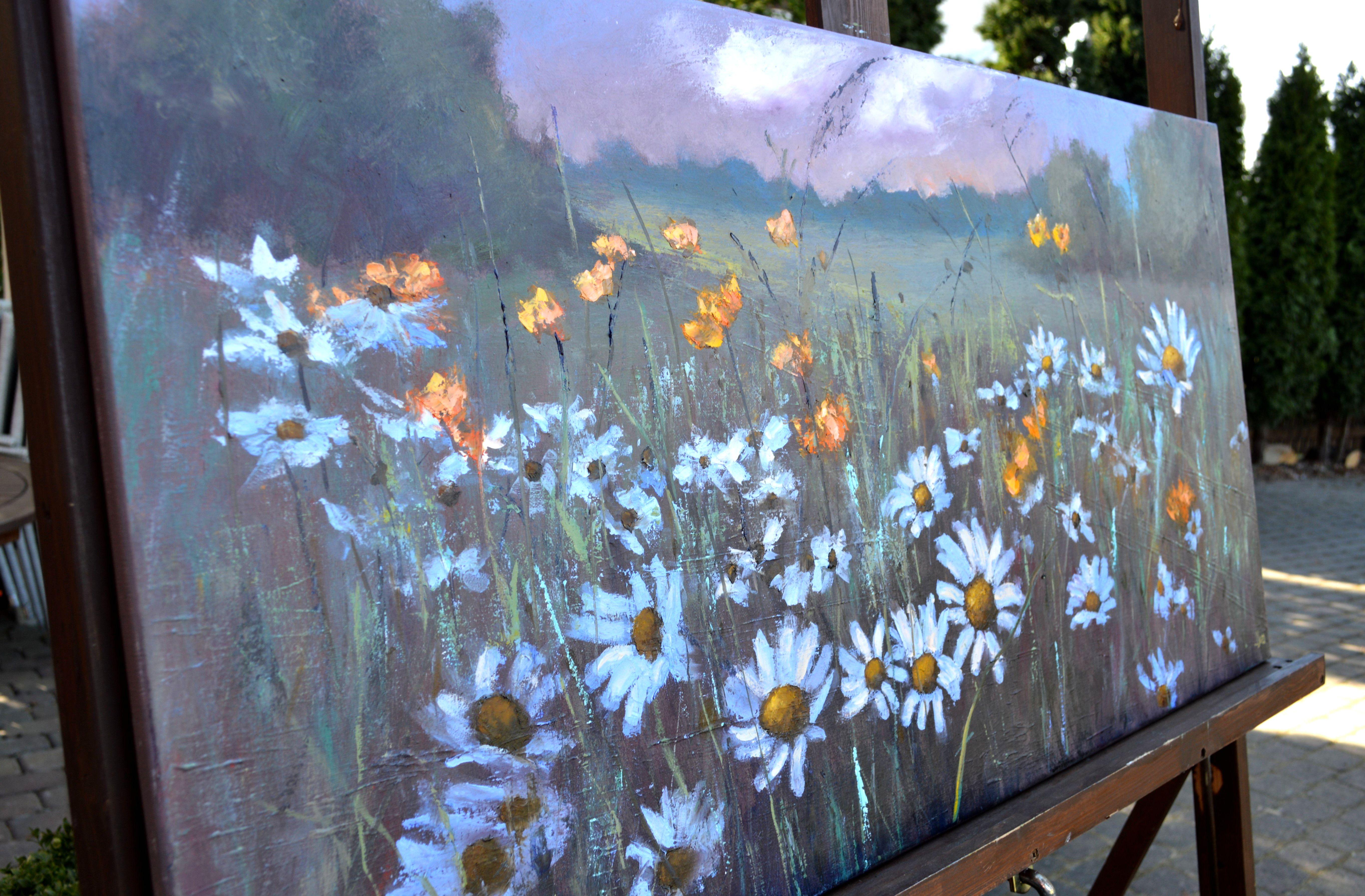 Chamomile  field 50X100 - Gray Interior Painting by Elena Lukina