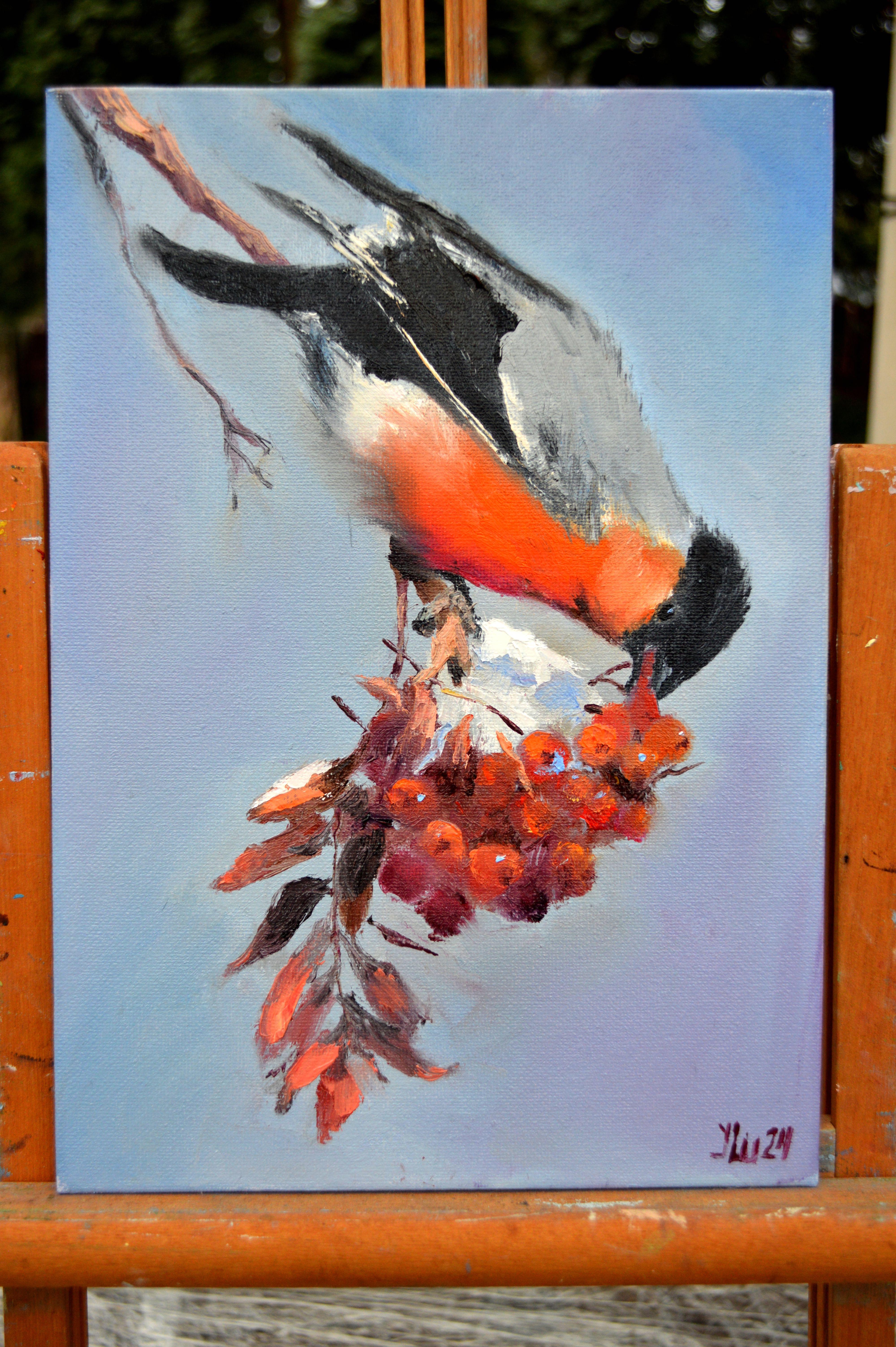 Christmas Bullfinch Breakfast - Painting by Elena Lukina