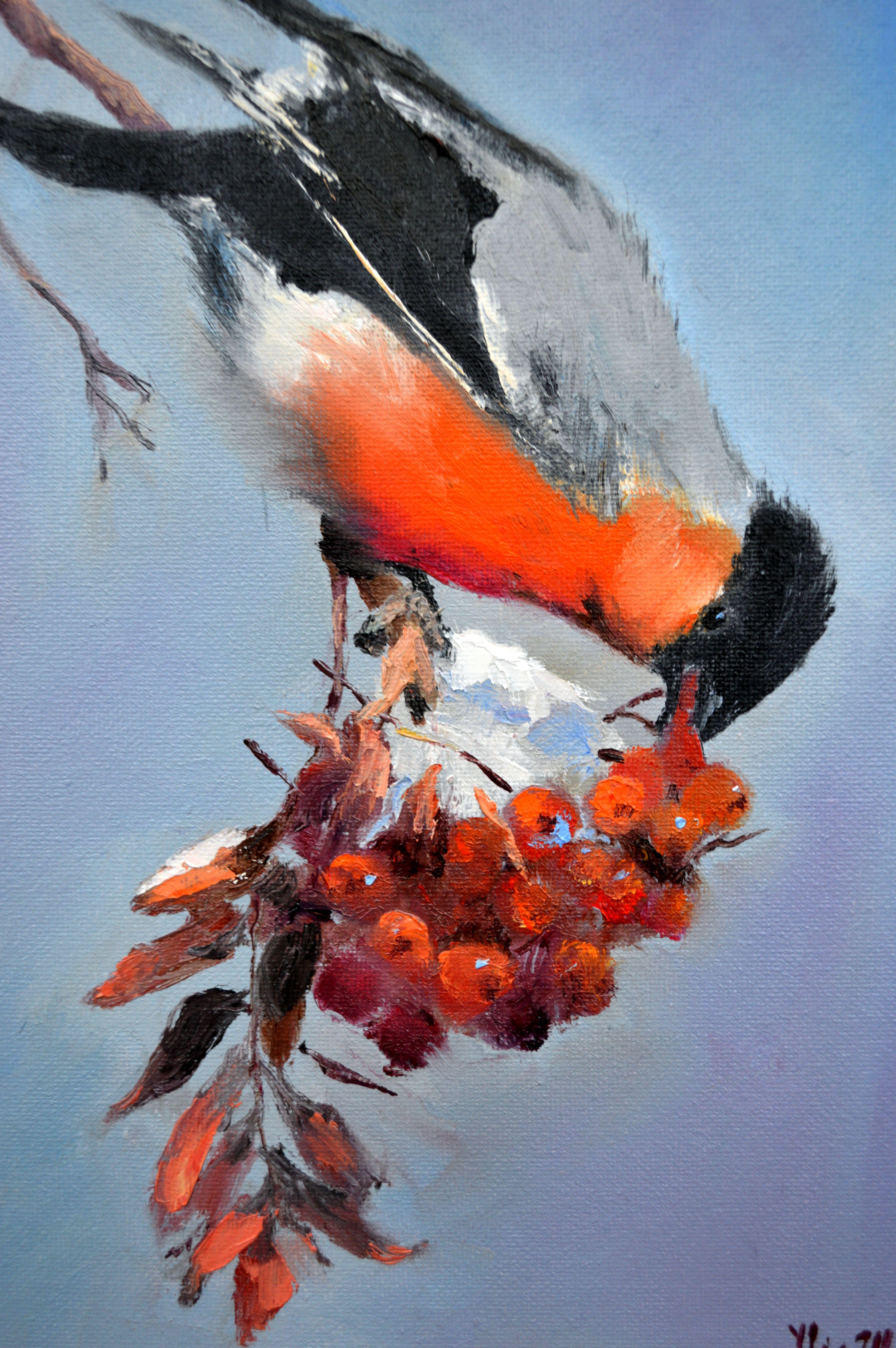 Christmas Bullfinch Breakfast - Expressionist Painting by Elena Lukina