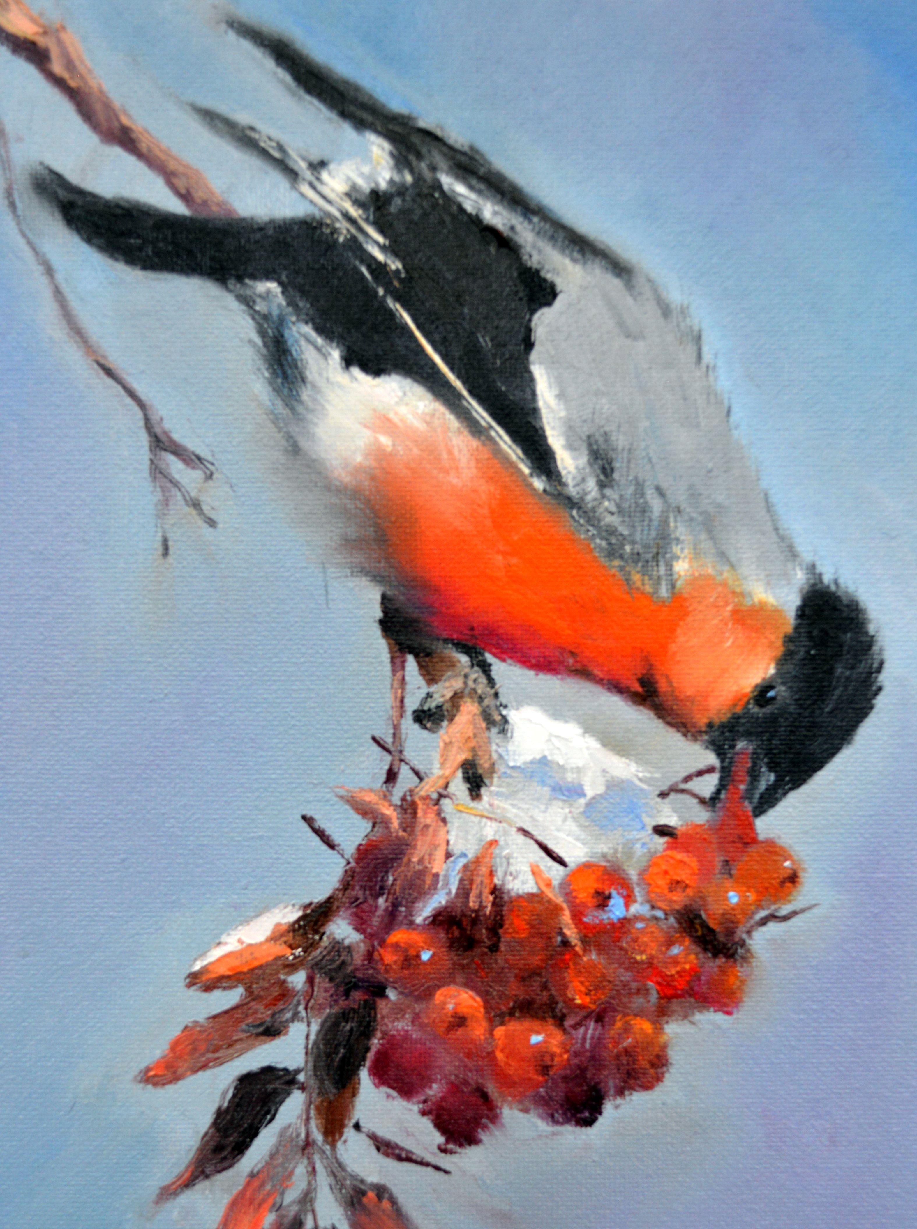 Christmas Bullfinch Breakfast - Purple Animal Painting by Elena Lukina