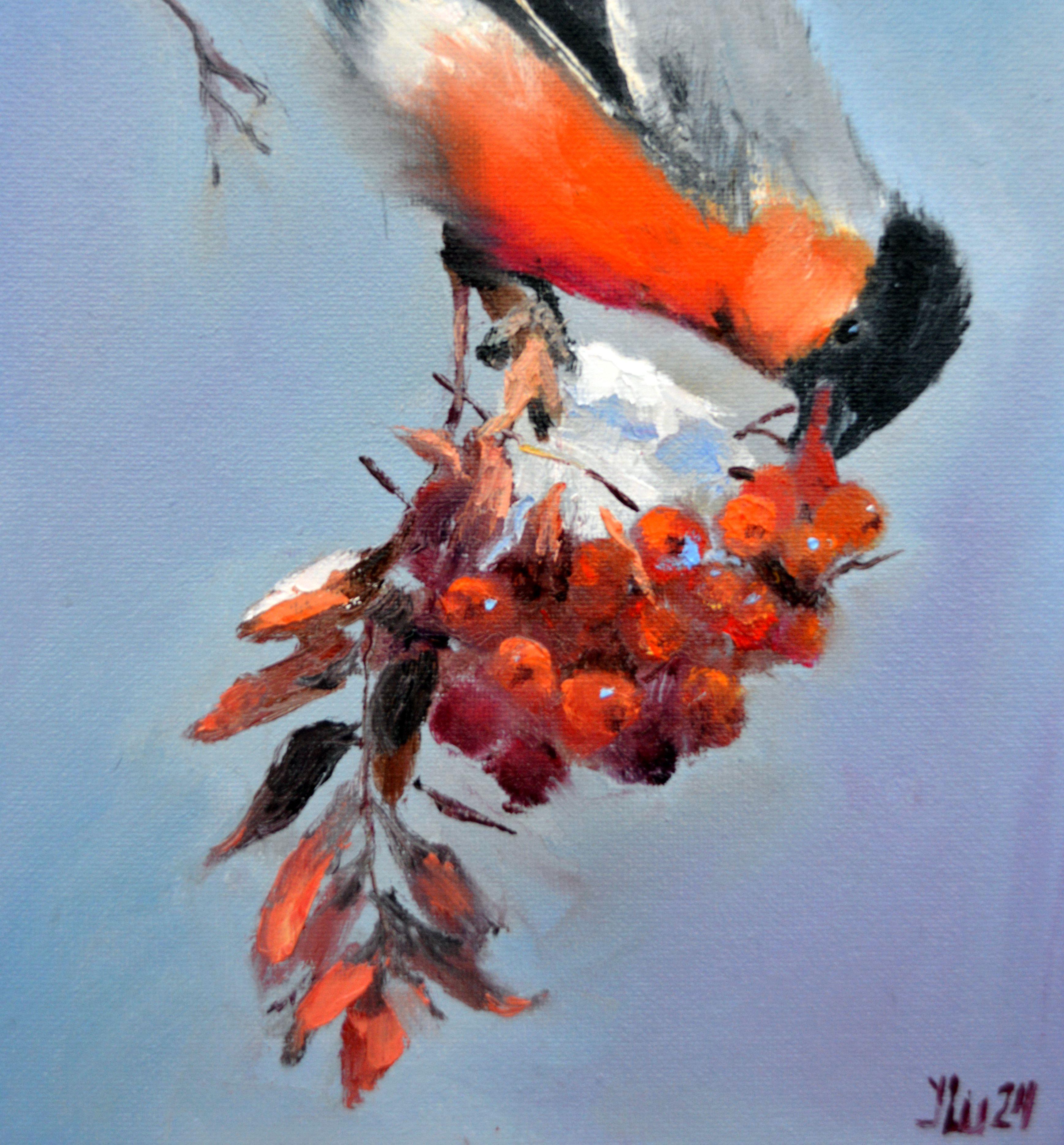 In this painting, I captured a vibrant bullfinch amidst a tranquil winter scene, its rich red breast contrasting beautifully against the soft blue backdrop. Employing oils, I strived for a balance between expressionism and realism, allowing the