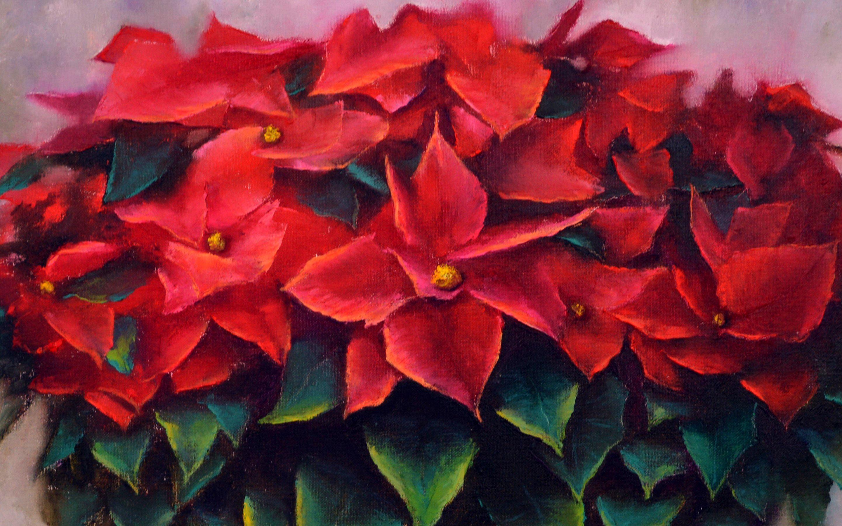 
Dans cette peinture à l'huile, j'ai mis toute mon âme à capturer la chaleur et la vitalité de l'esprit des fêtes. Chaque trait incarne la richesse luxuriante des pétales rouges, contrastant avec les feuilles d'un vert profond, et dégageant un