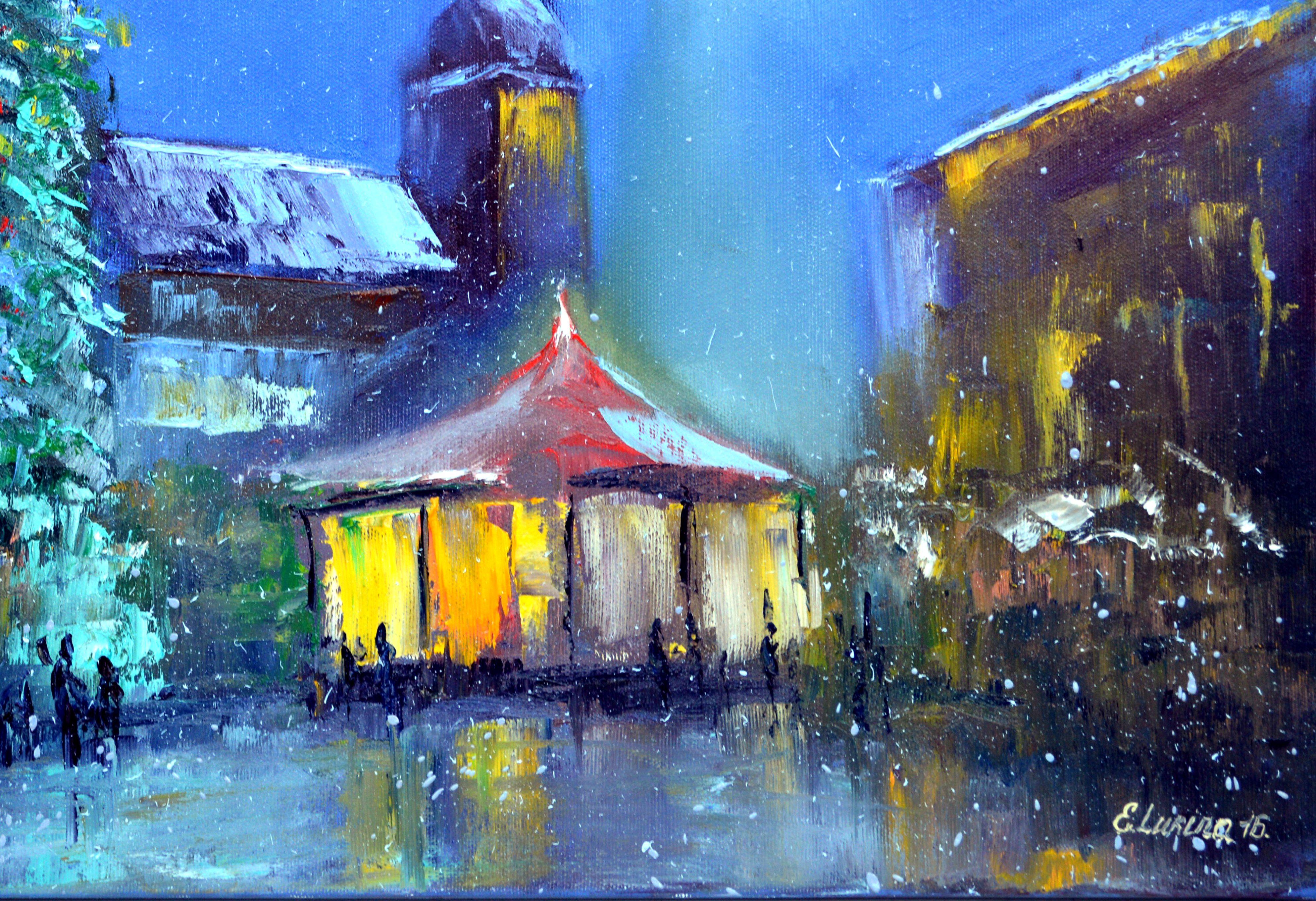 Christmas Tree at the City Hall Square 40X50 - Painting by Elena Lukina
