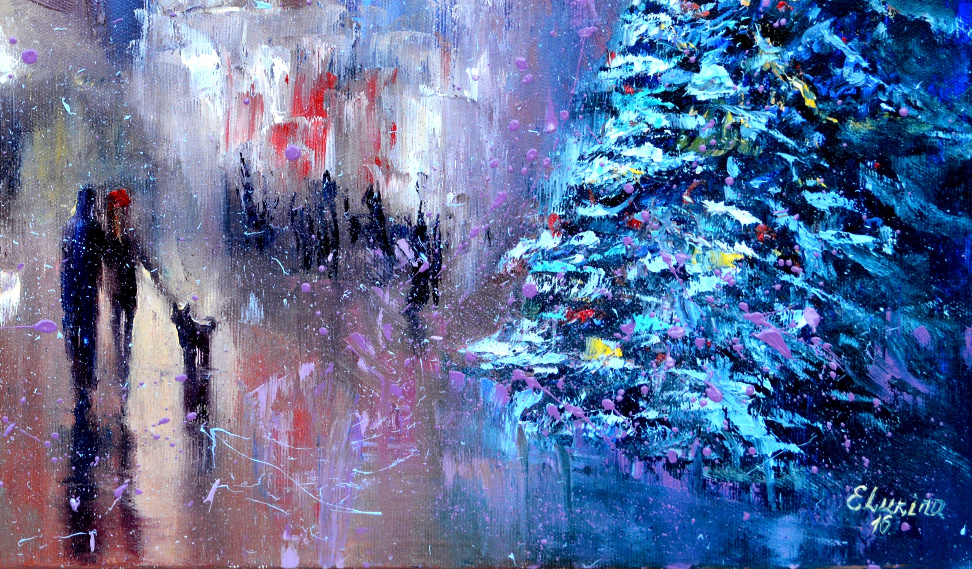 Christmas Tree at the City Hall Square 40X50 - Expressionist Painting by Elena Lukina