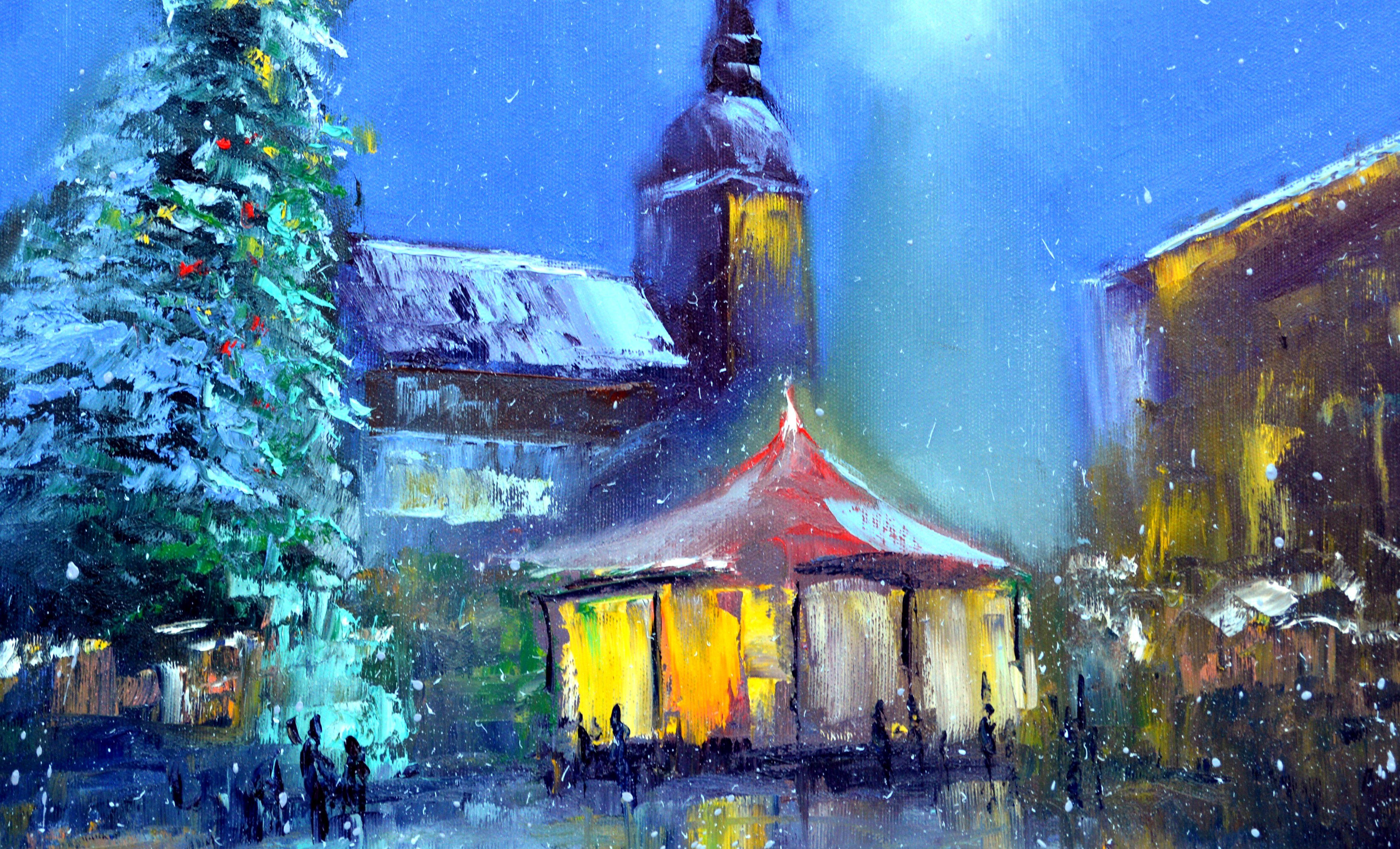 In this vibrant oil painting, I've captured the essence of wintertime festivity and warmth amidst the chill. The brushstrokes convey movement, reflecting the bustling energy of holiday goers intertwined with the tranquility of a snowy evening. The