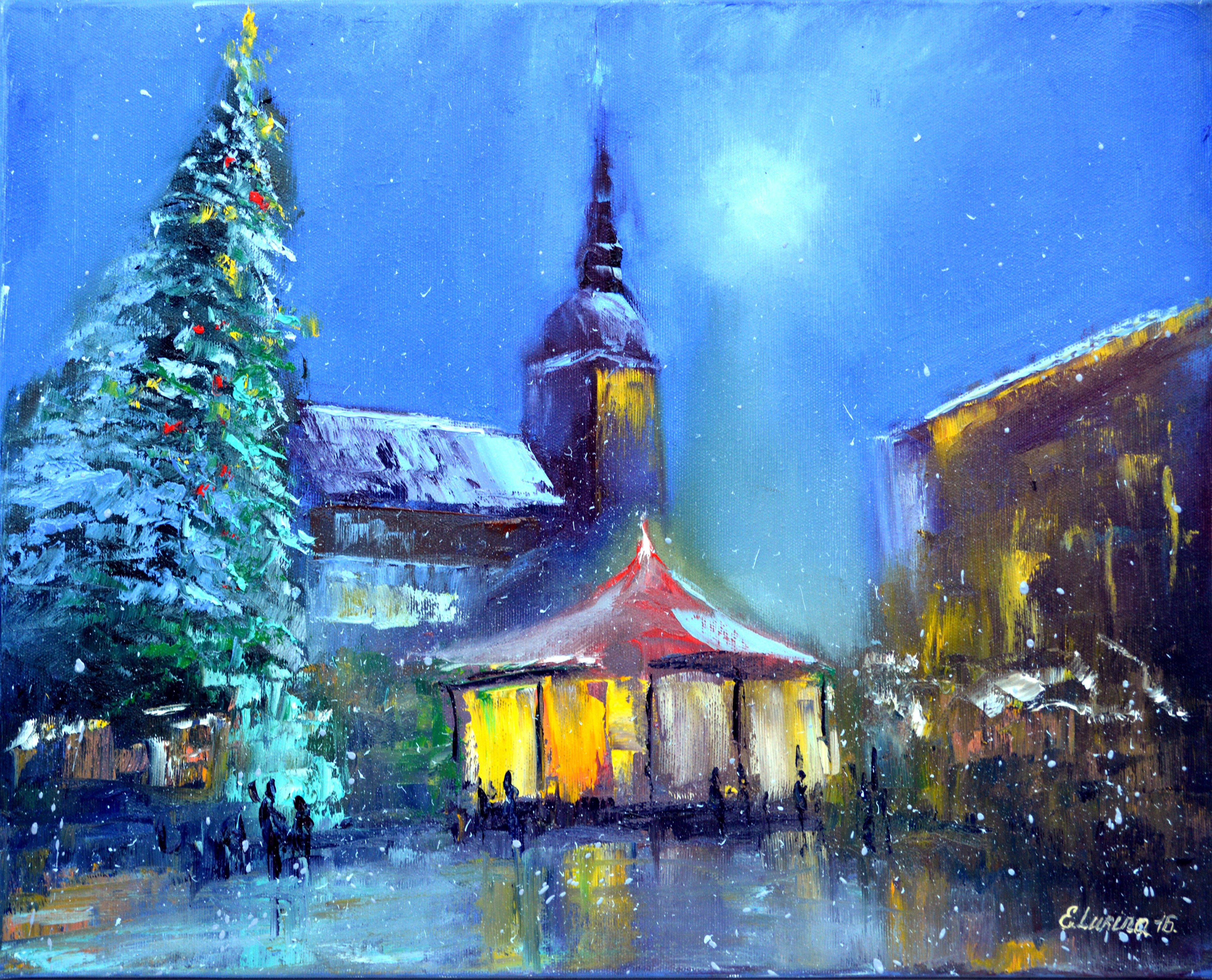 Elena Lukina Landscape Painting - Christmas Tree at the City Hall Square 40X50