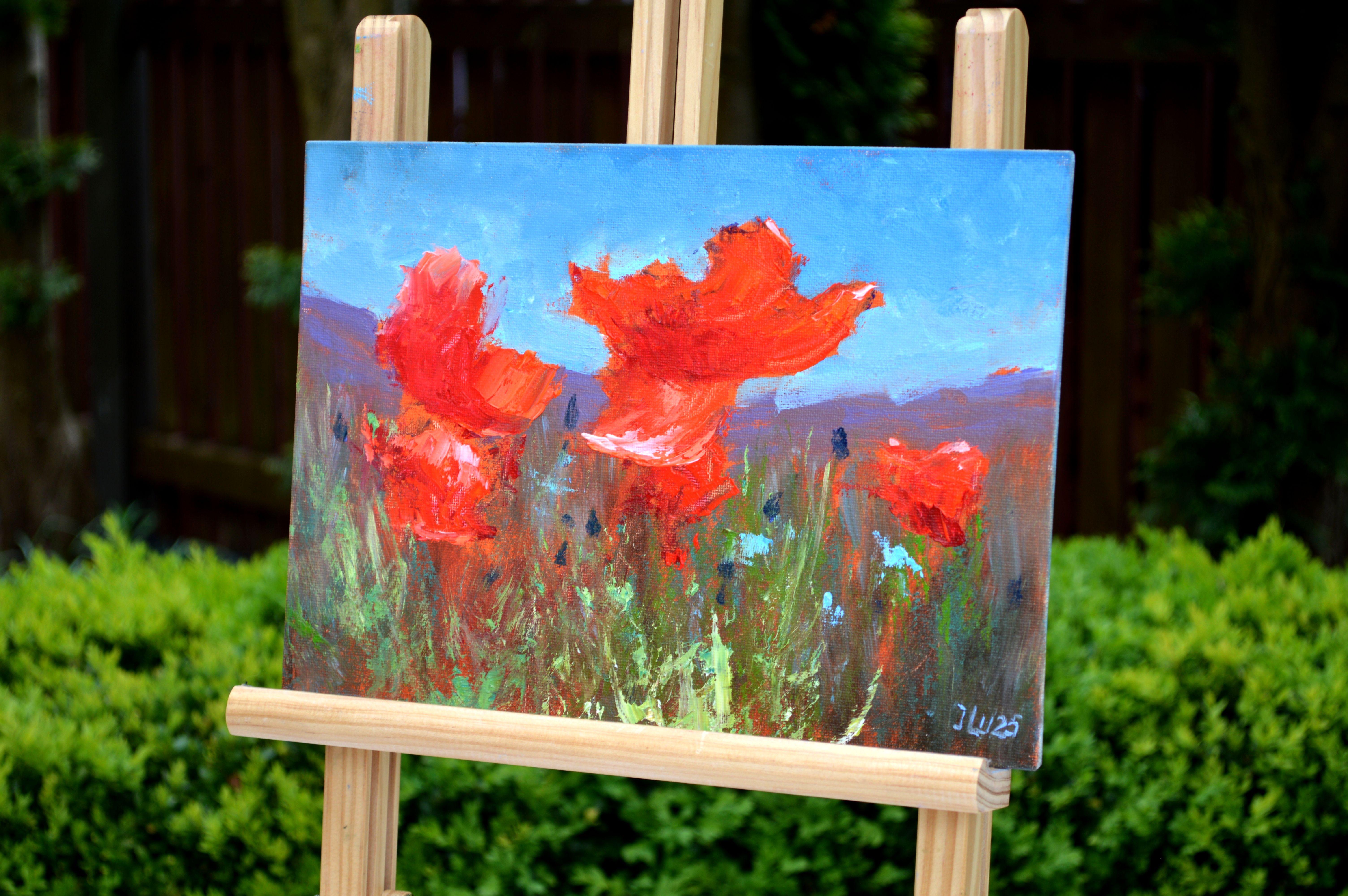 In diesem Kunstwerk habe ich die lebhafte Energie der Korallenmohnblumen eingefangen, die sich in einer unsichtbaren Brise wiegen. Ich benutze ein Ölmedium und verbinde Stile des Expressionismus, Impressionismus und Realismus, um ein Gefühl von
