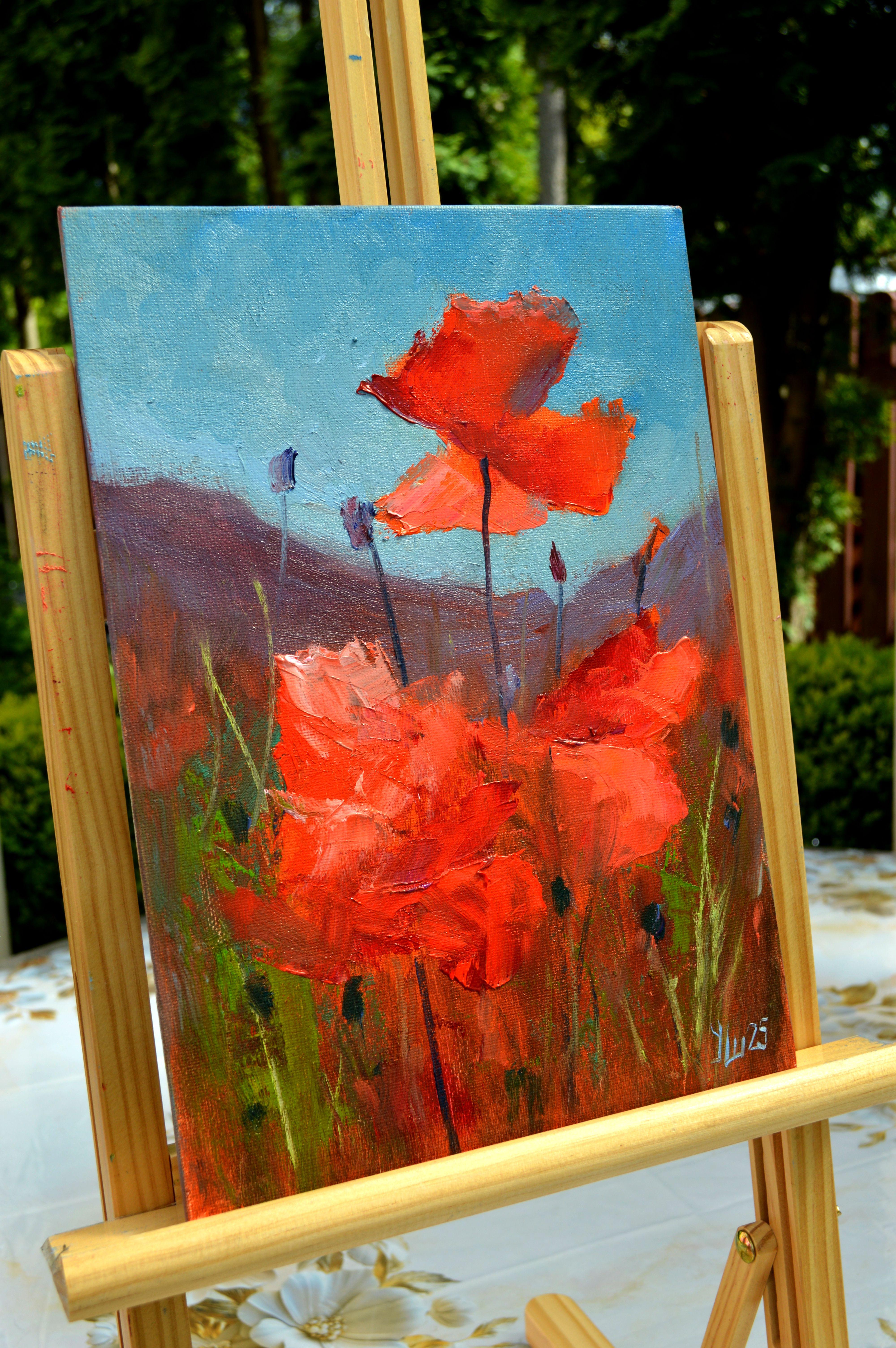 Coquelicots de corail 30Х21 - Expressionniste Painting par Elena Lukina