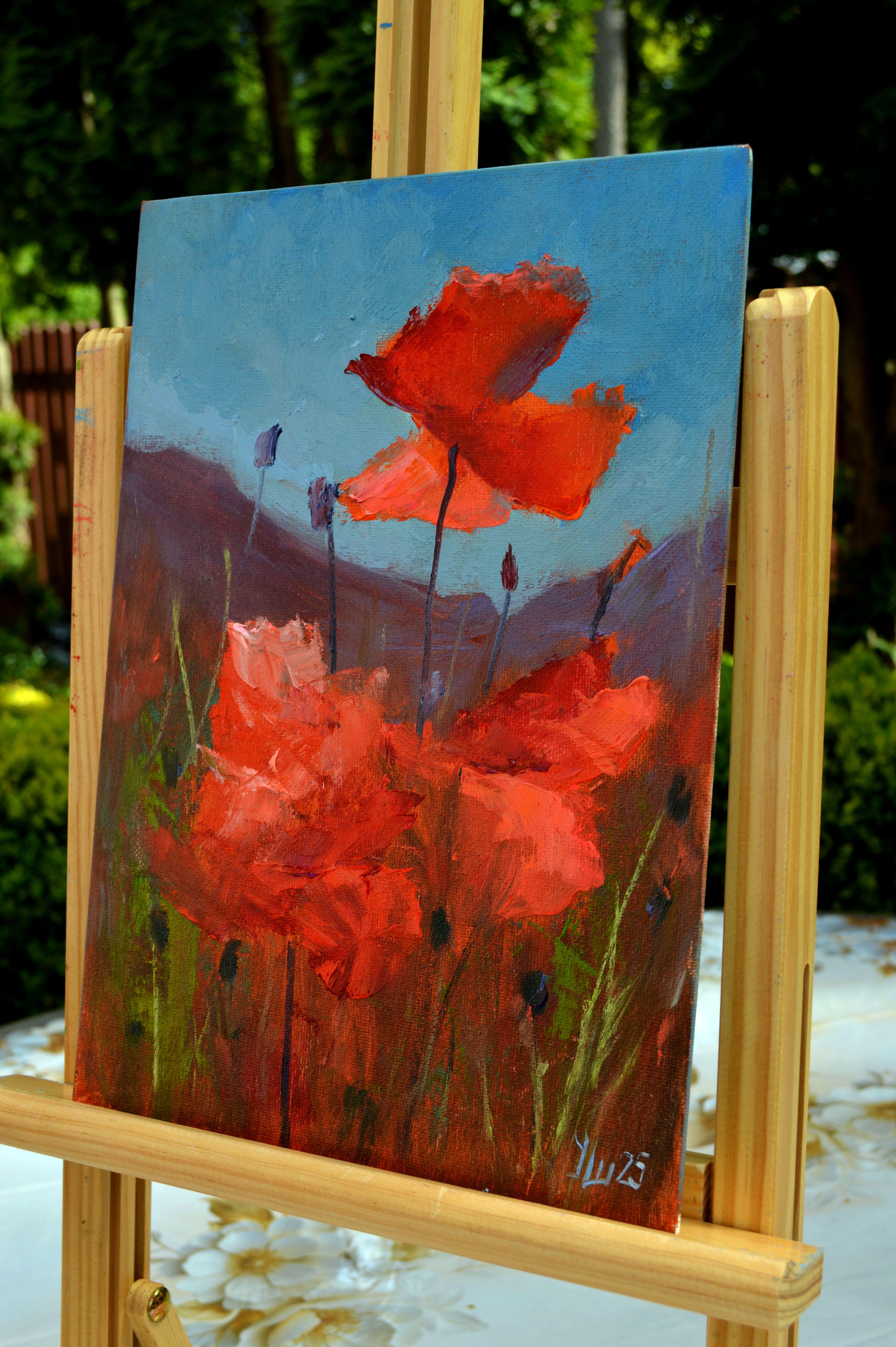 Coquelicots de corail 30Х21 - Rouge Interior Painting par Elena Lukina