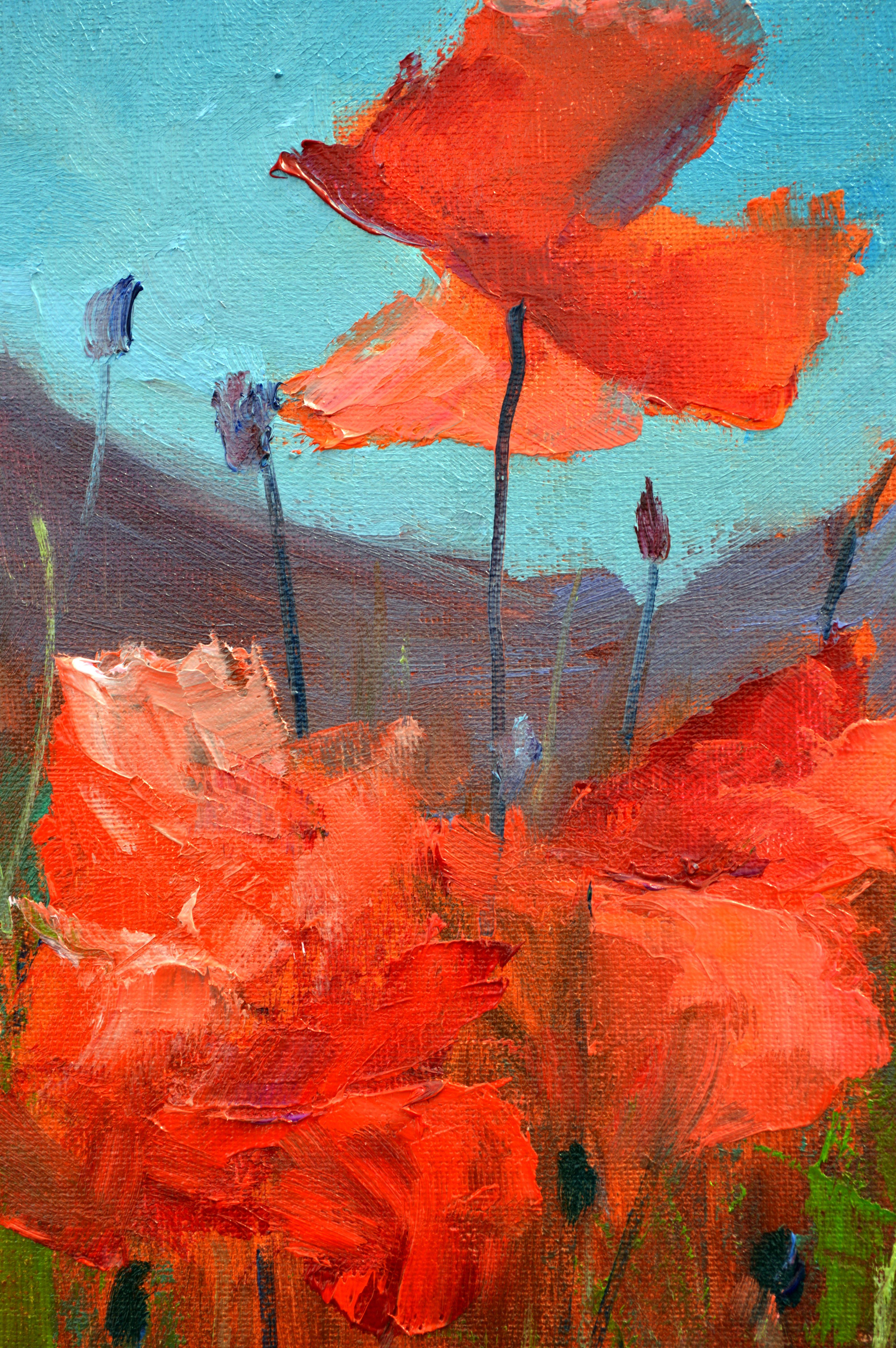 Dans cette peinture à l'huile, j'ai capturé l'essence sauvage des coquelicots qui se balancent avec une vivacité qui fait écho au pouls de la nature elle-même. En utilisant des traits influencés par l'impressionnisme et l'expressionnisme, j'ai