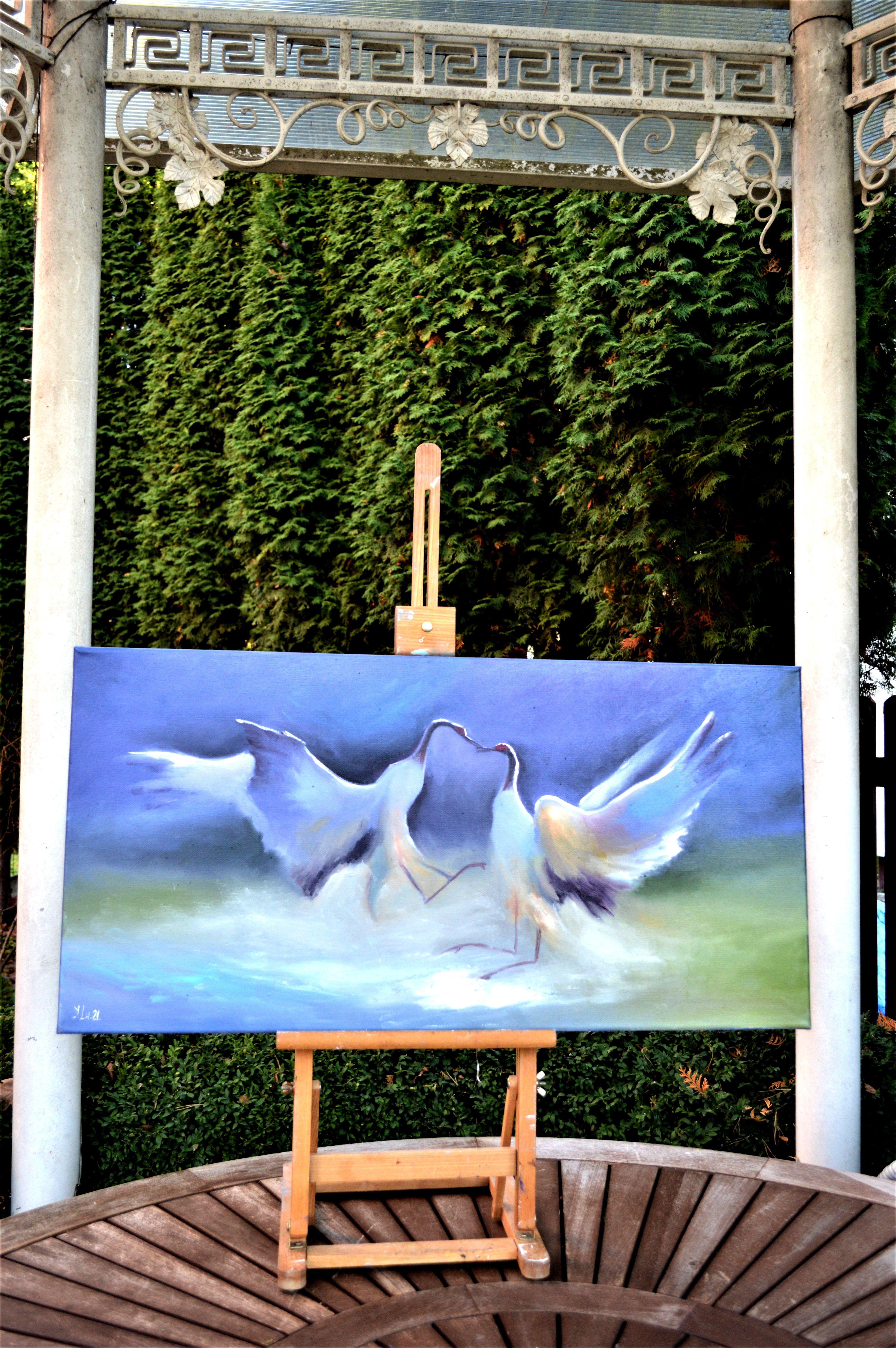 Crane kiss 40X80 oil painting - Painting by Elena Lukina
