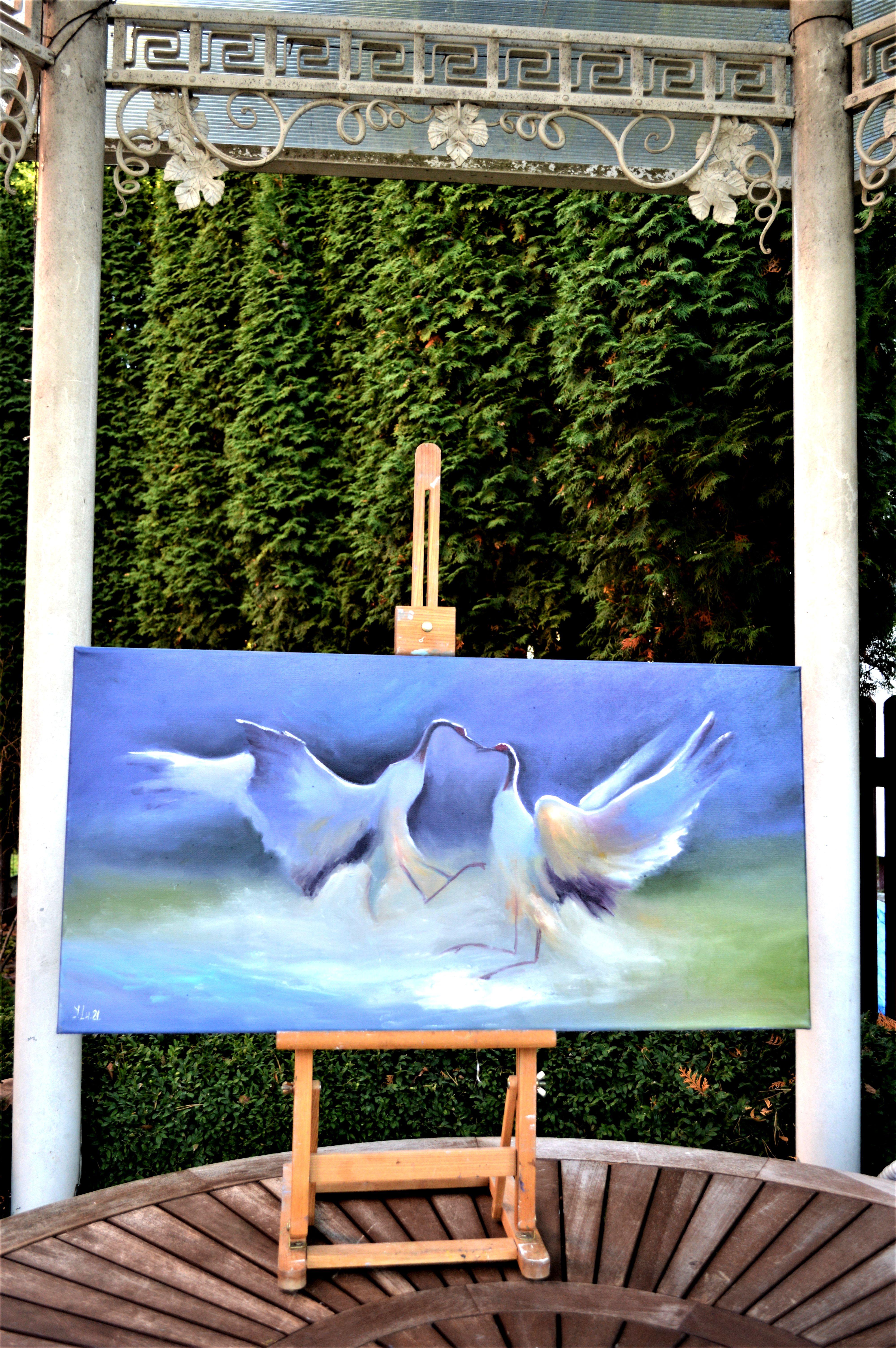 Peinture à l'huile Crane s'embrassant 40X80 - Painting de Elena Lukina