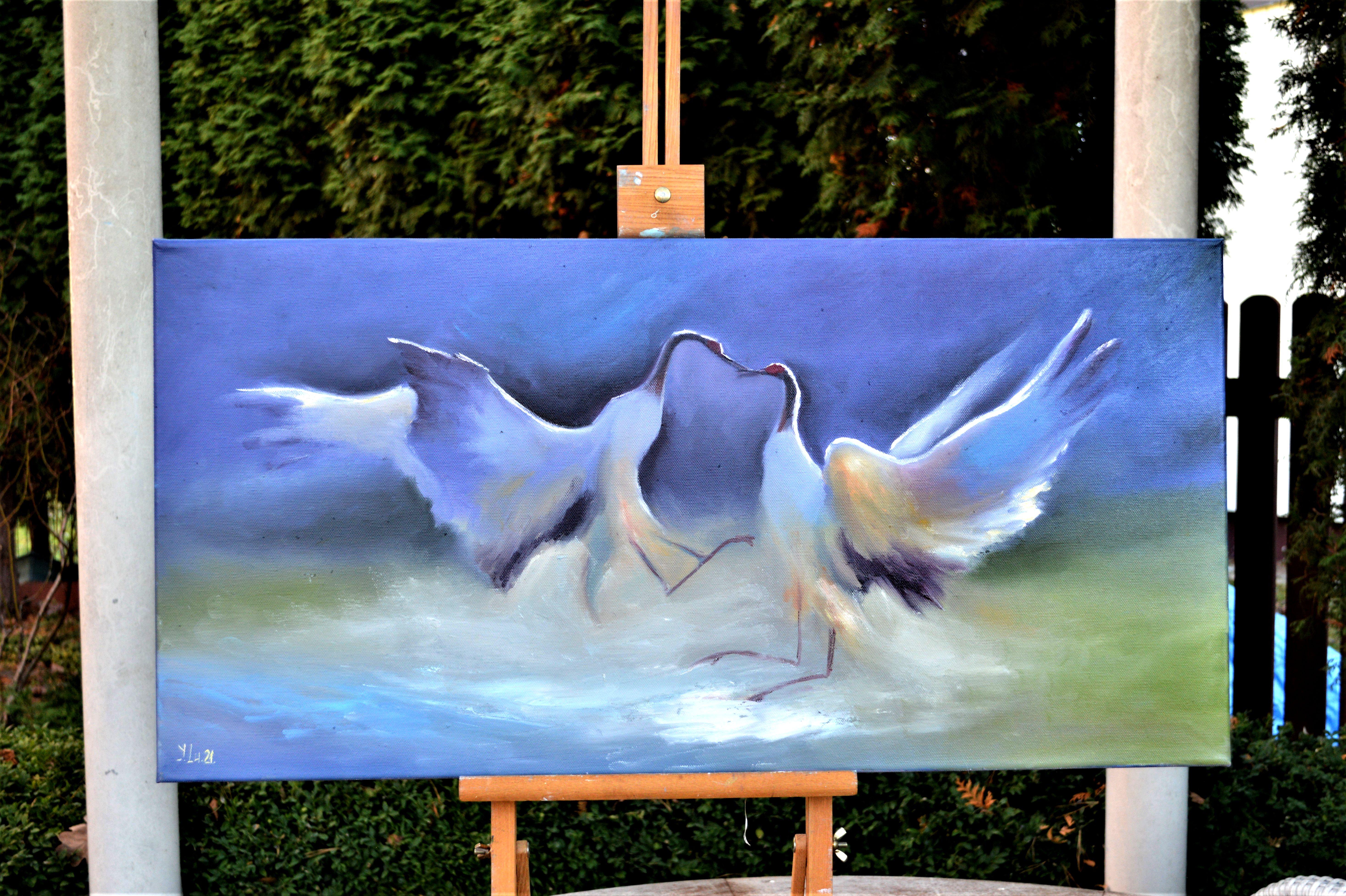 Crane kiss 40X80 oil painting - Expressionist Painting by Elena Lukina