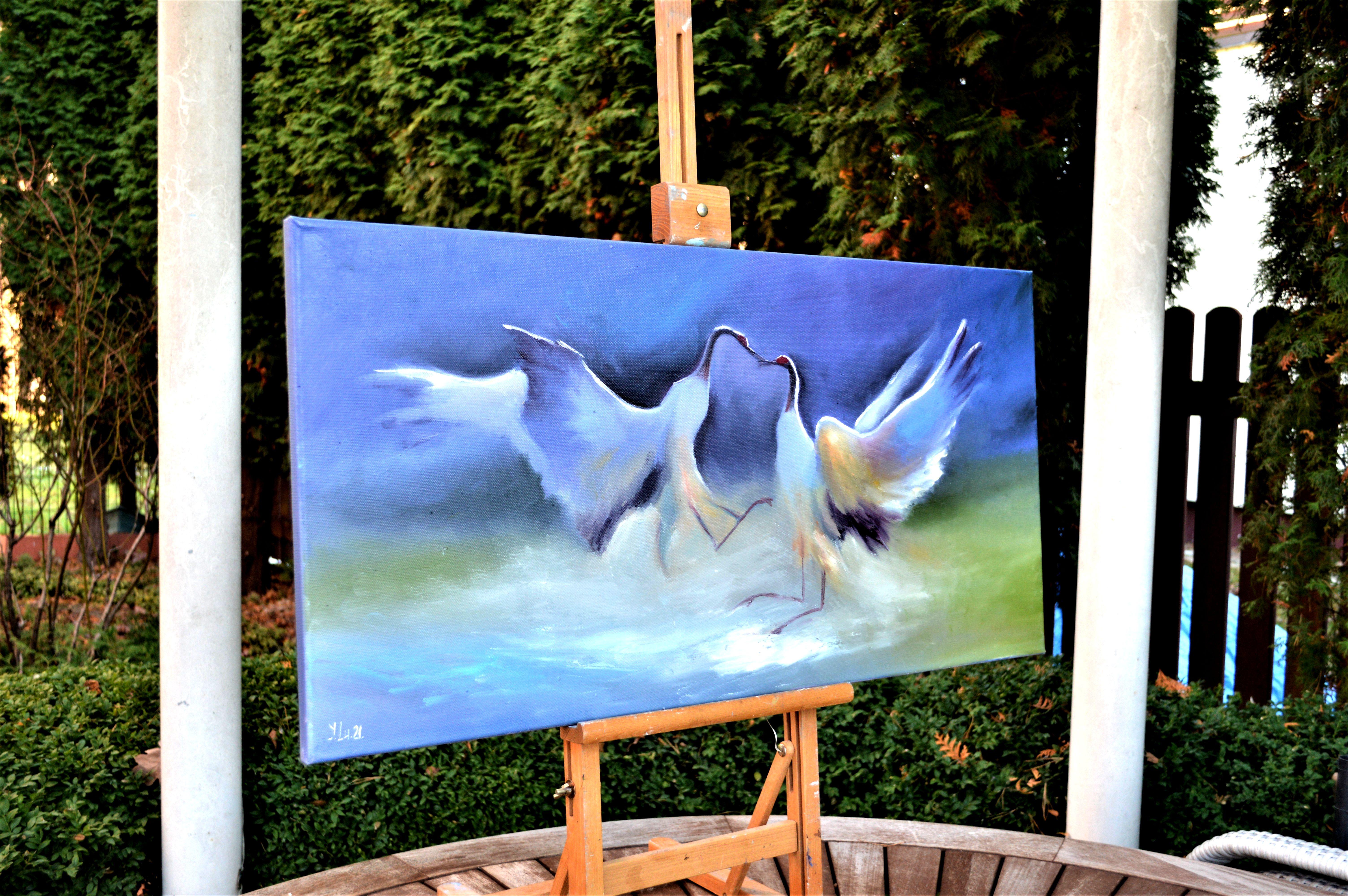 Peinture à l'huile Crane s'embrassant 40X80 - Violet Interior Painting par Elena Lukina