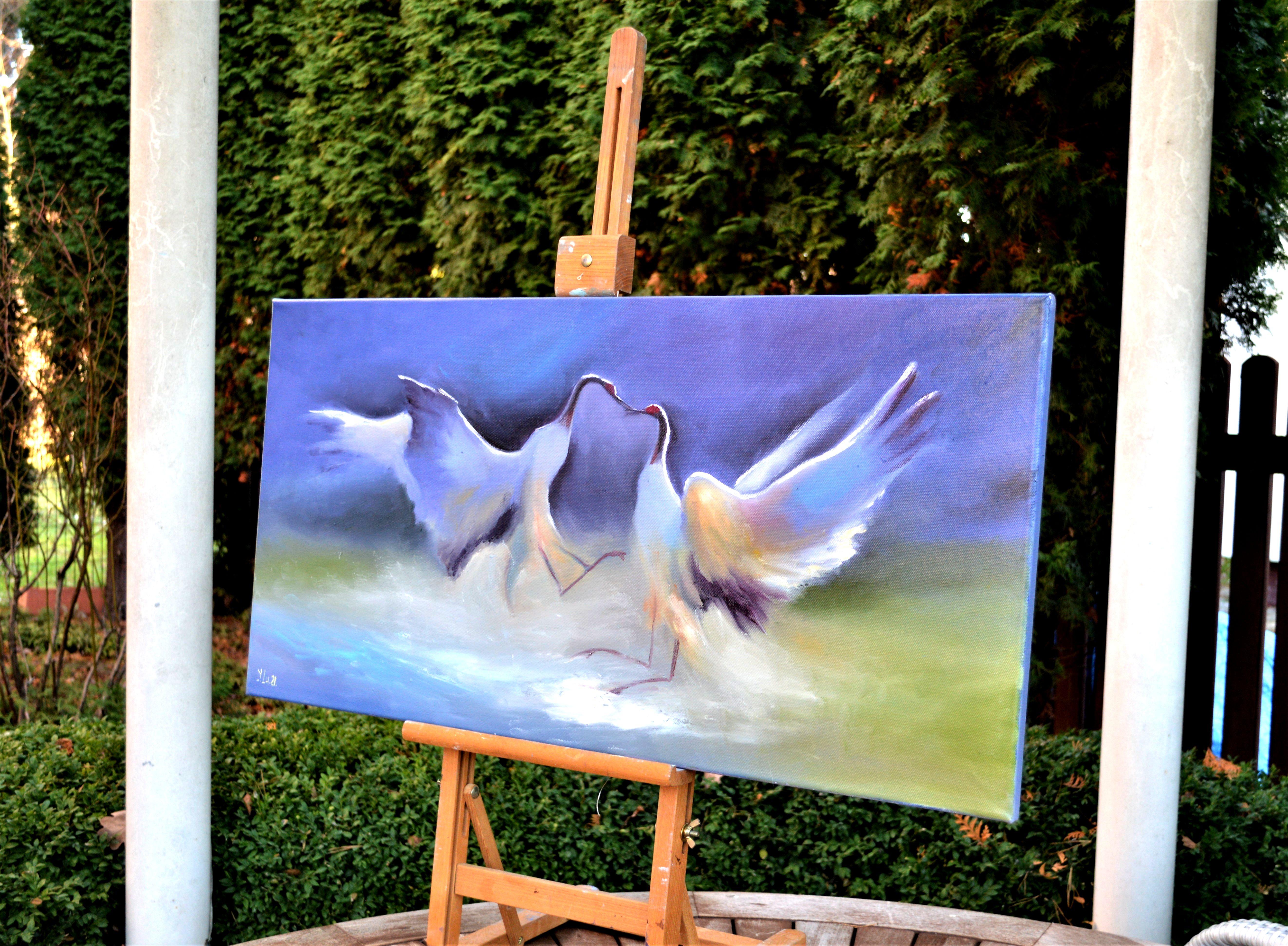 Dans cette peinture à l'huile, j'ai capturé une danse intime de grâce et d'élégance. La fluidité naturelle du mouvement et la tendre connexion entre ces créatures incarnent l'harmonie et la sérénité. Grâce à des traits expressionnistes et à une
