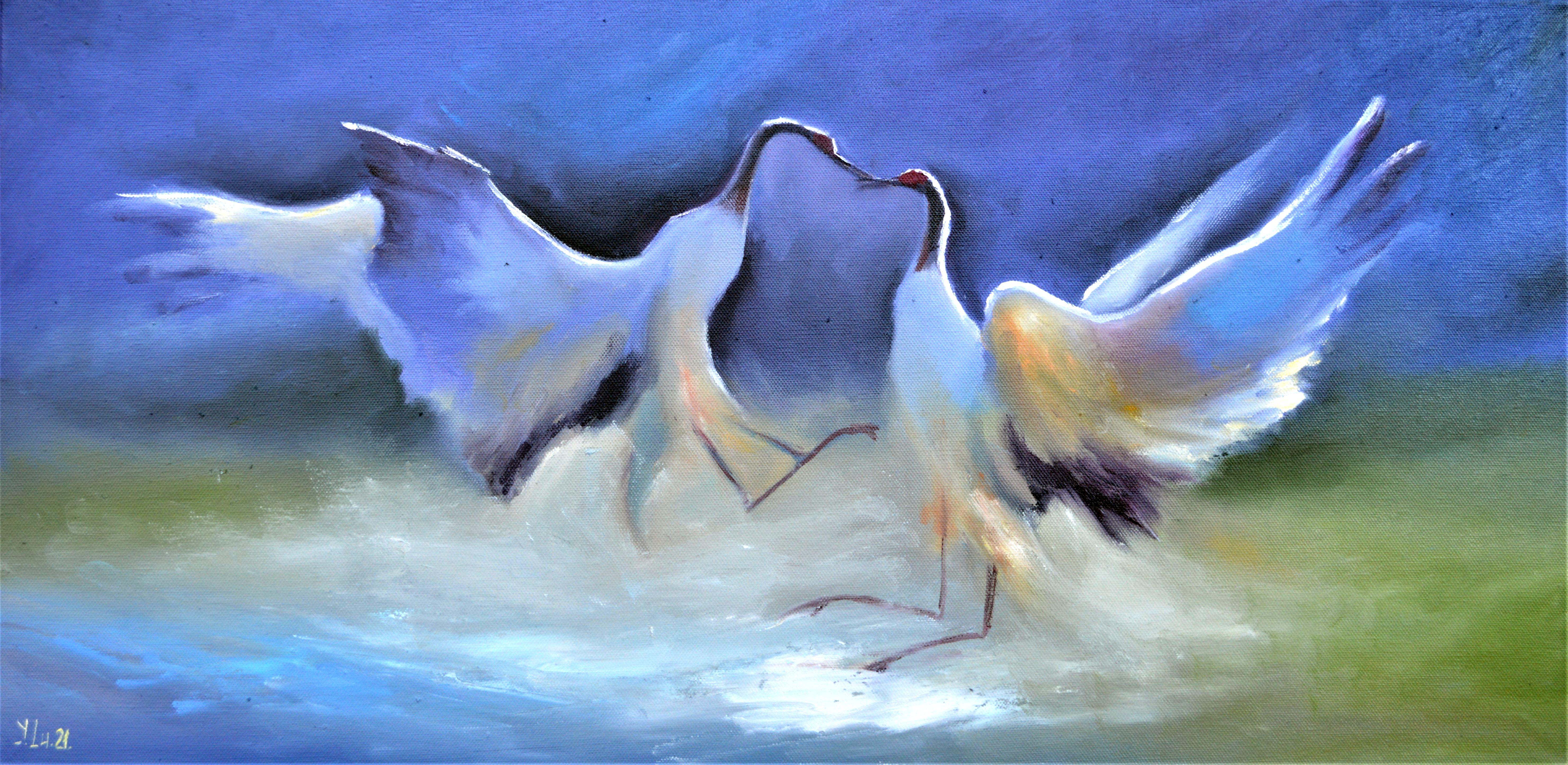 Elena Lukina Interior Painting - Crane kiss 40X80 oil painting