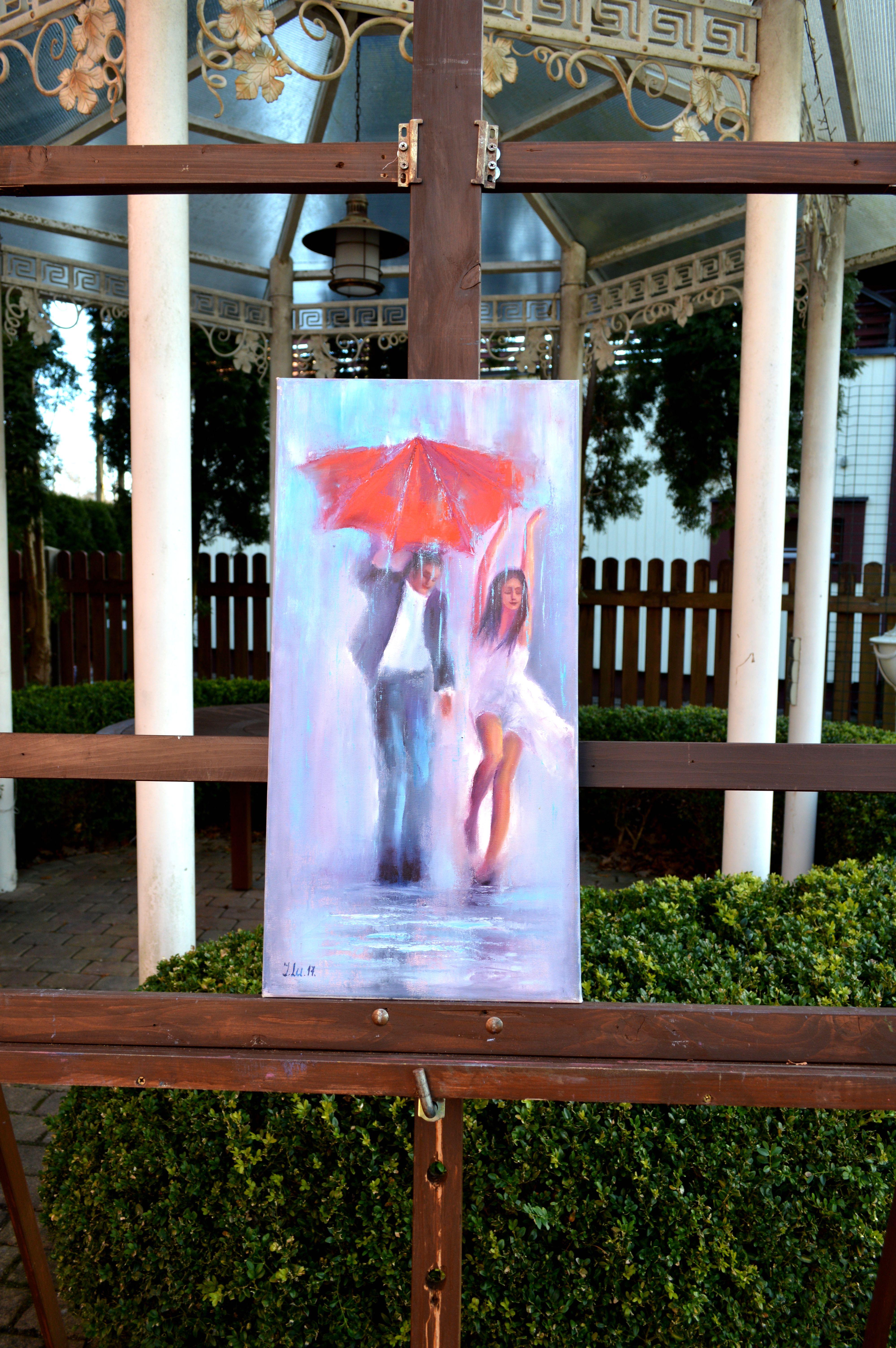 Dancing in the rain 60X30 oil, Valentine’s Day gifts art - Painting by Elena Lukina