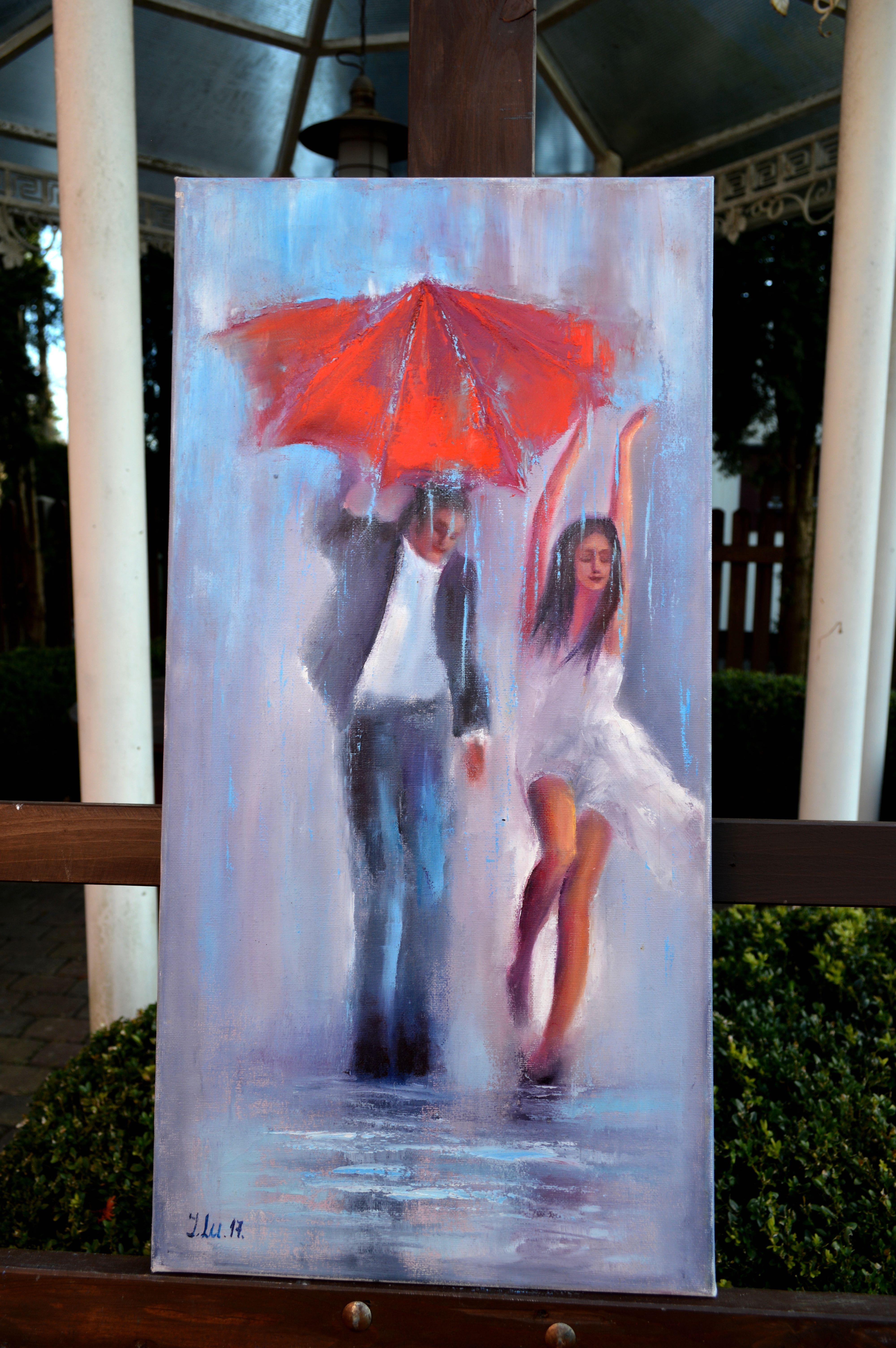 Dancing in the rain 60X30 oil, Valentine’s Day gifts art - Expressionist Painting by Elena Lukina